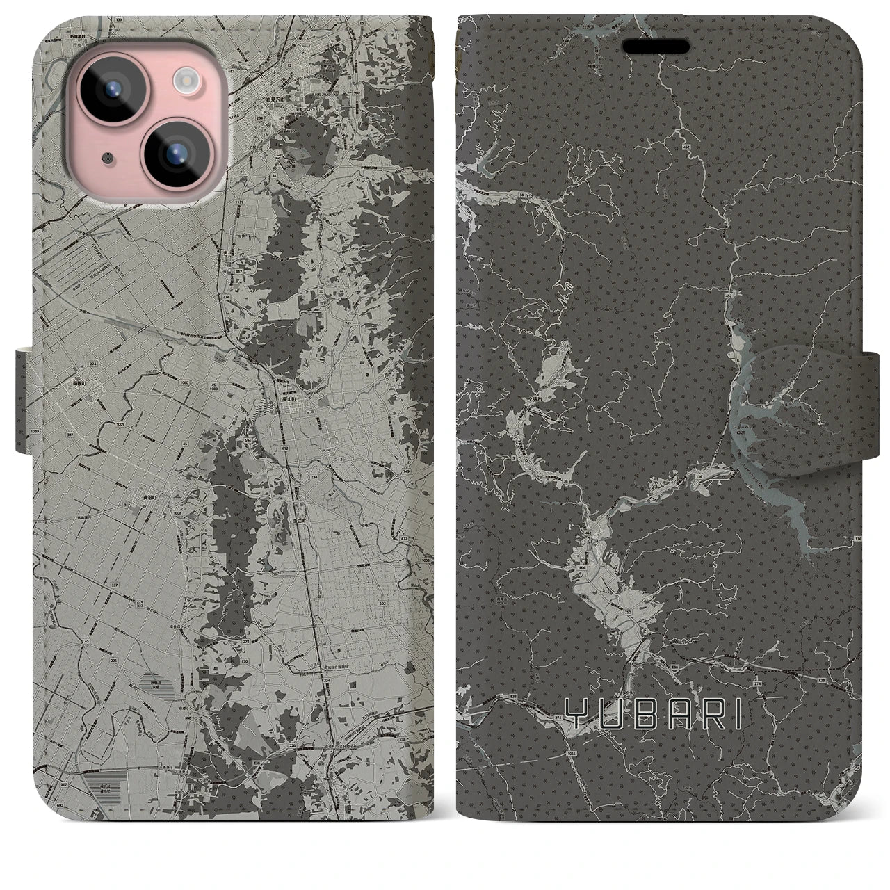 【夕張(北海道)】地図柄iPhoneケース(手帳タイプ)モノトーン・iPhone 15 Plus 用