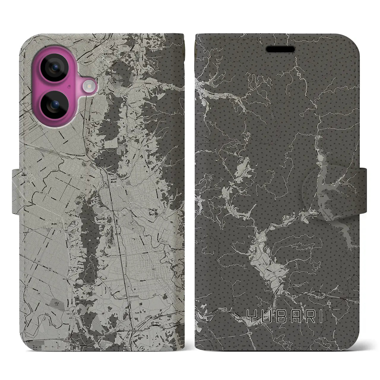 【夕張(北海道)】地図柄iPhoneケース(手帳タイプ)モノトーン・iPhone 16 Pro 用