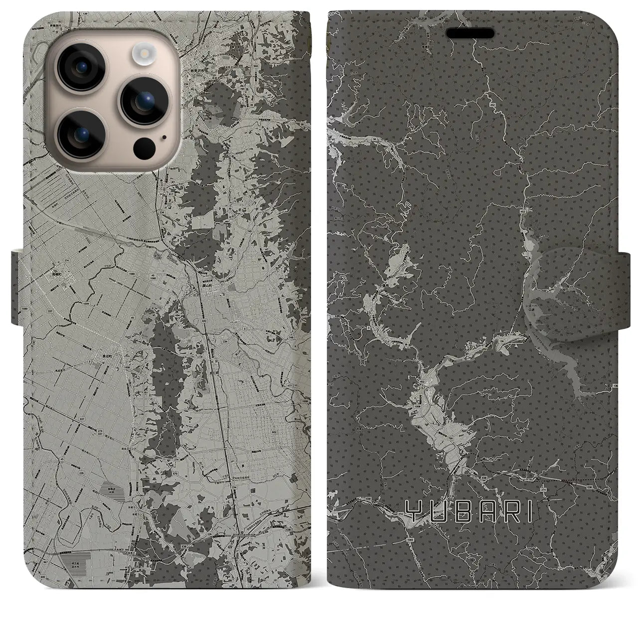 【夕張(北海道)】地図柄iPhoneケース(手帳タイプ)モノトーン・iPhone 16 Plus 用