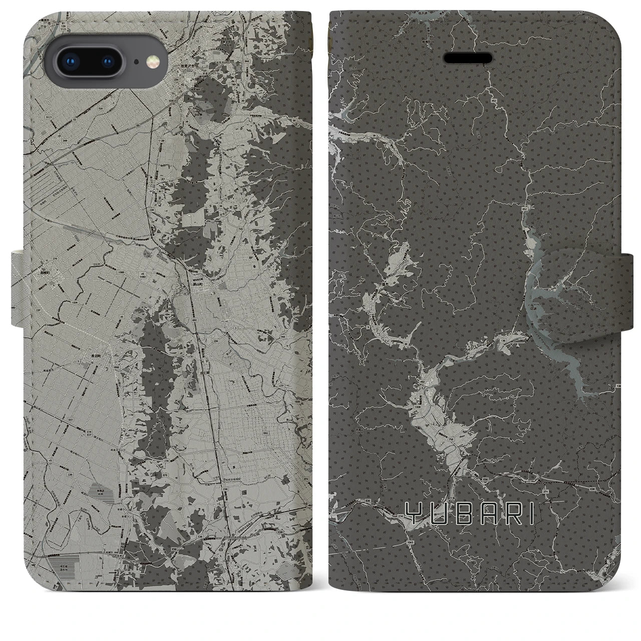 【夕張(北海道)】地図柄iPhoneケース(手帳タイプ)モノトーン・iPhone 8Plus /7Plus / 6sPlus / 6Plus 用