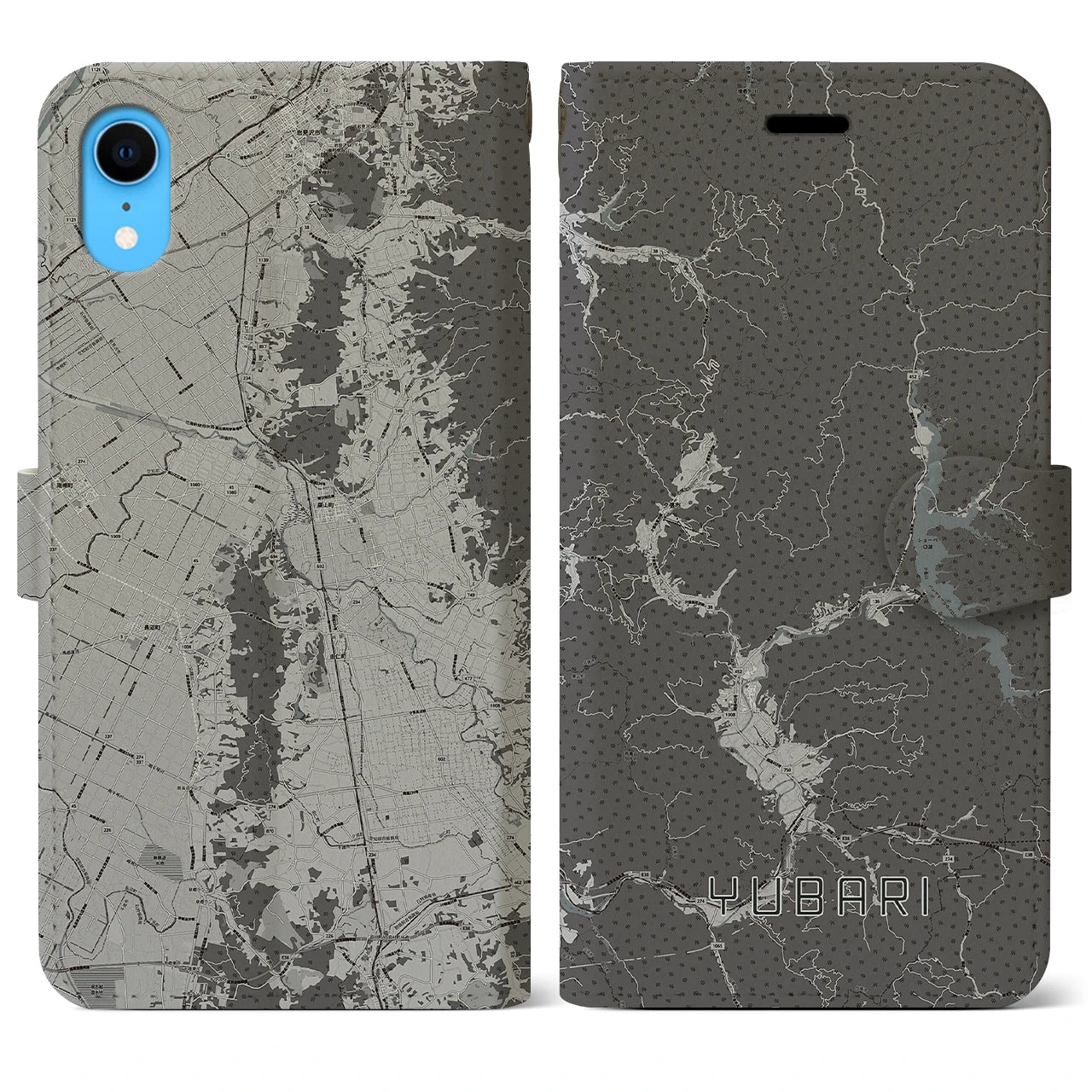 【夕張(北海道)】地図柄iPhoneケース(手帳タイプ)モノトーン・iPhone XR 用