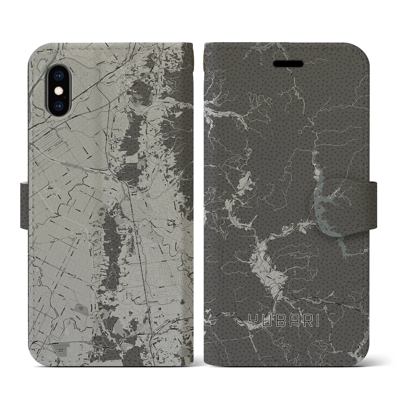 【夕張(北海道)】地図柄iPhoneケース(手帳タイプ)モノトーン・iPhone XS / X 用