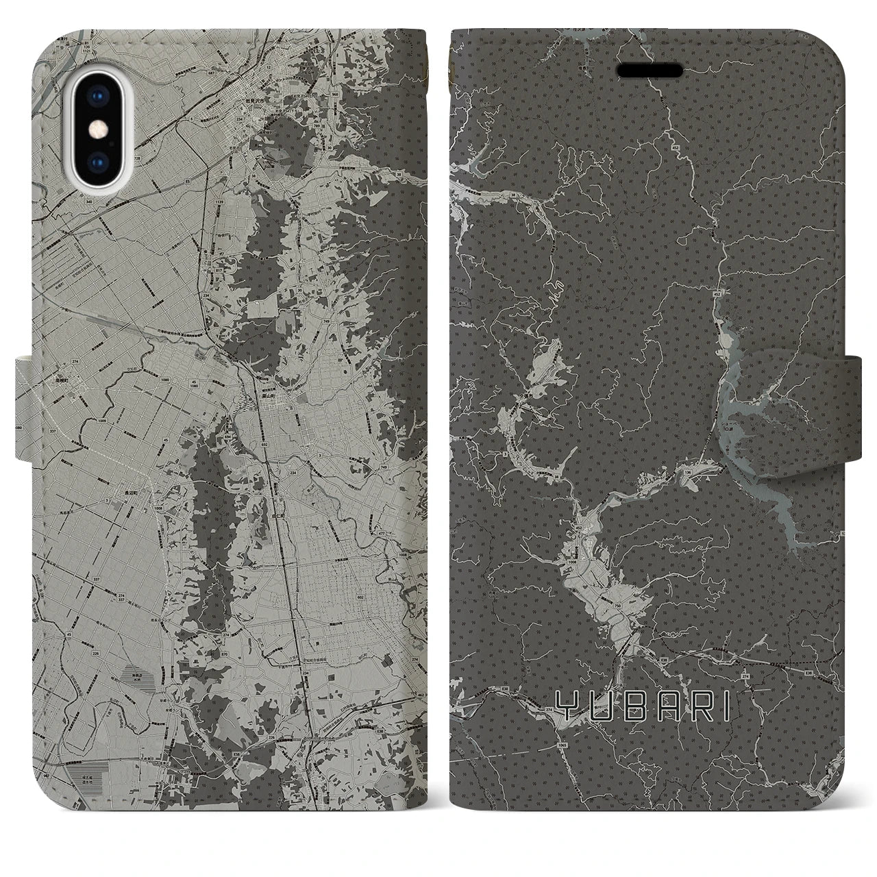【夕張(北海道)】地図柄iPhoneケース(手帳タイプ)モノトーン・iPhone XS Max 用