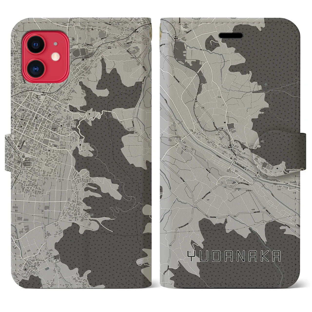 【湯田中(長野県)】地図柄iPhoneケース(手帳タイプ)モノトーン・iPhone 11 用