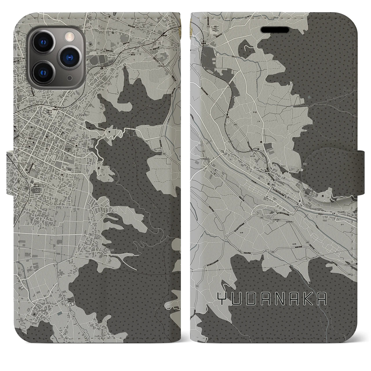 【湯田中(長野県)】地図柄iPhoneケース(手帳タイプ)モノトーン・iPhone 11 Pro Max 用
