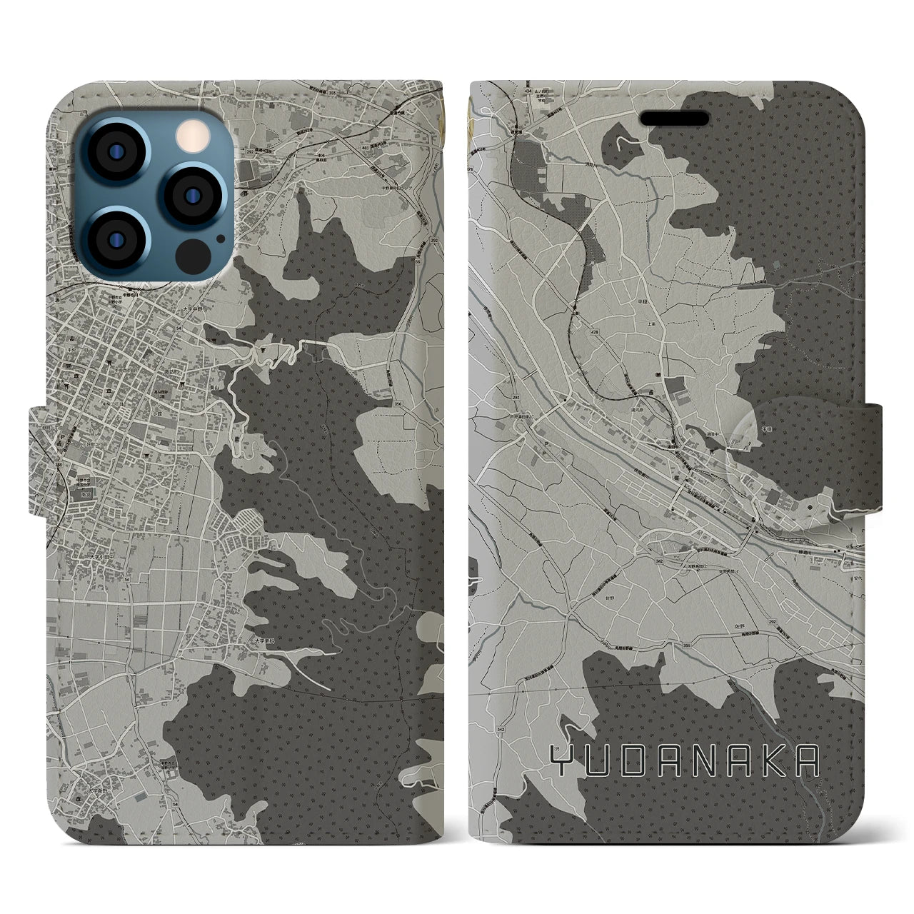 【湯田中(長野県)】地図柄iPhoneケース(手帳タイプ)モノトーン・iPhone 12 / 12 Pro 用