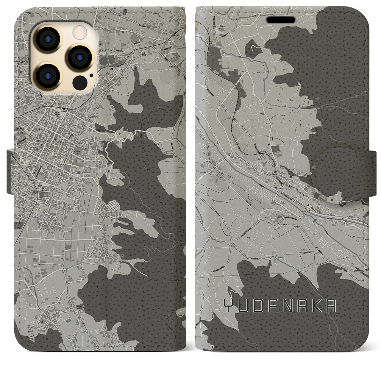 【湯田中(長野県)】地図柄iPhoneケース(手帳タイプ)モノトーン・iPhone 12 Pro Max 用