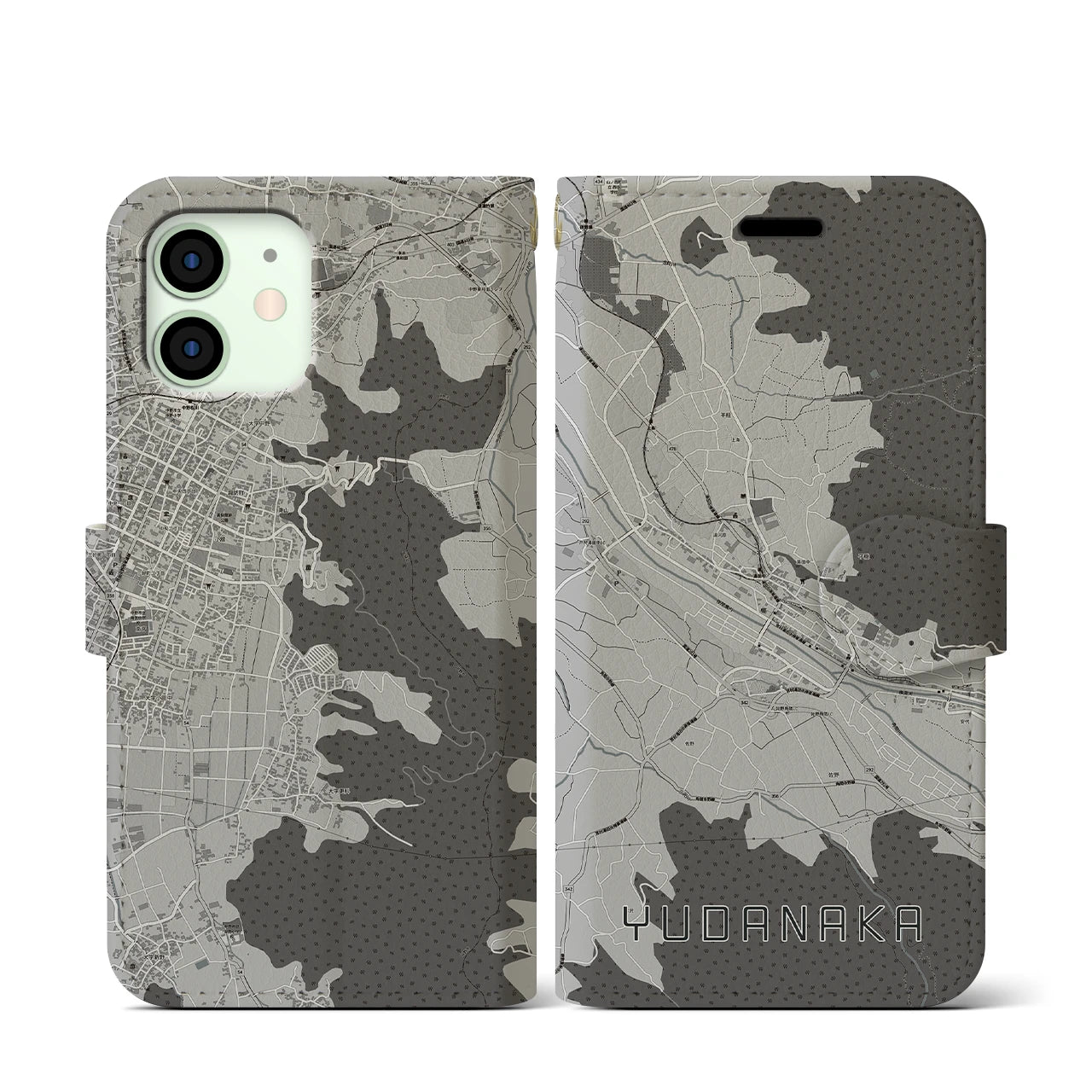 【湯田中(長野県)】地図柄iPhoneケース(手帳タイプ)モノトーン・iPhone 12 mini 用