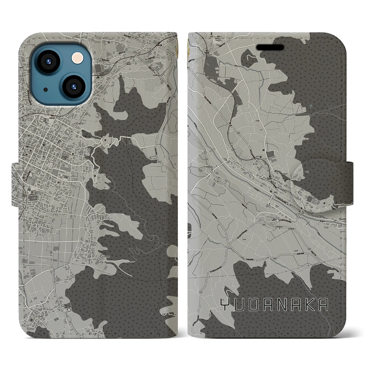 【湯田中(長野県)】地図柄iPhoneケース(手帳タイプ)モノトーン・iPhone 13 用
