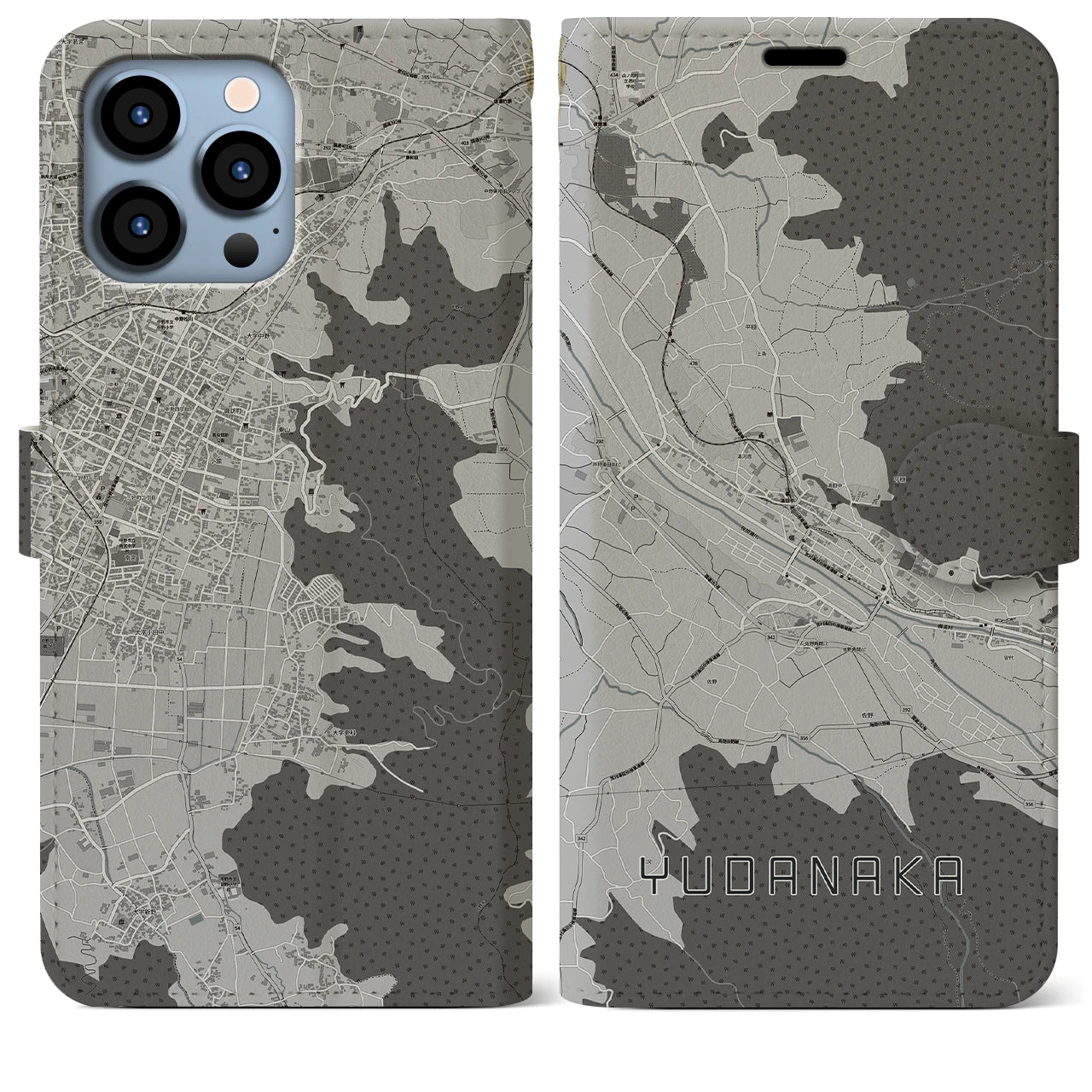 【湯田中(長野県)】地図柄iPhoneケース(手帳タイプ)モノトーン・iPhone 13 Pro Max 用