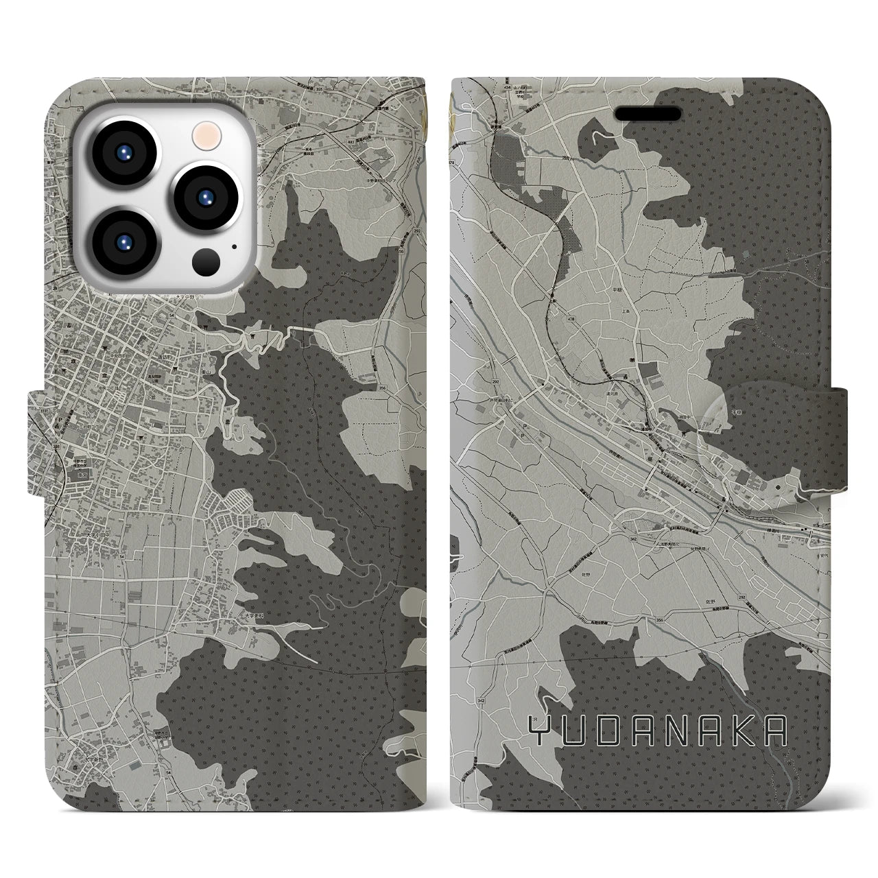 【湯田中(長野県)】地図柄iPhoneケース(手帳タイプ)モノトーン・iPhone 13 Pro 用