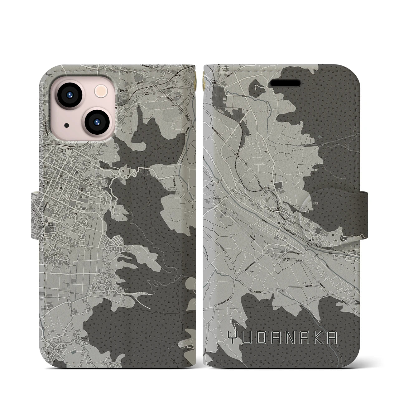 【湯田中(長野県)】地図柄iPhoneケース(手帳タイプ)モノトーン・iPhone 13 mini 用