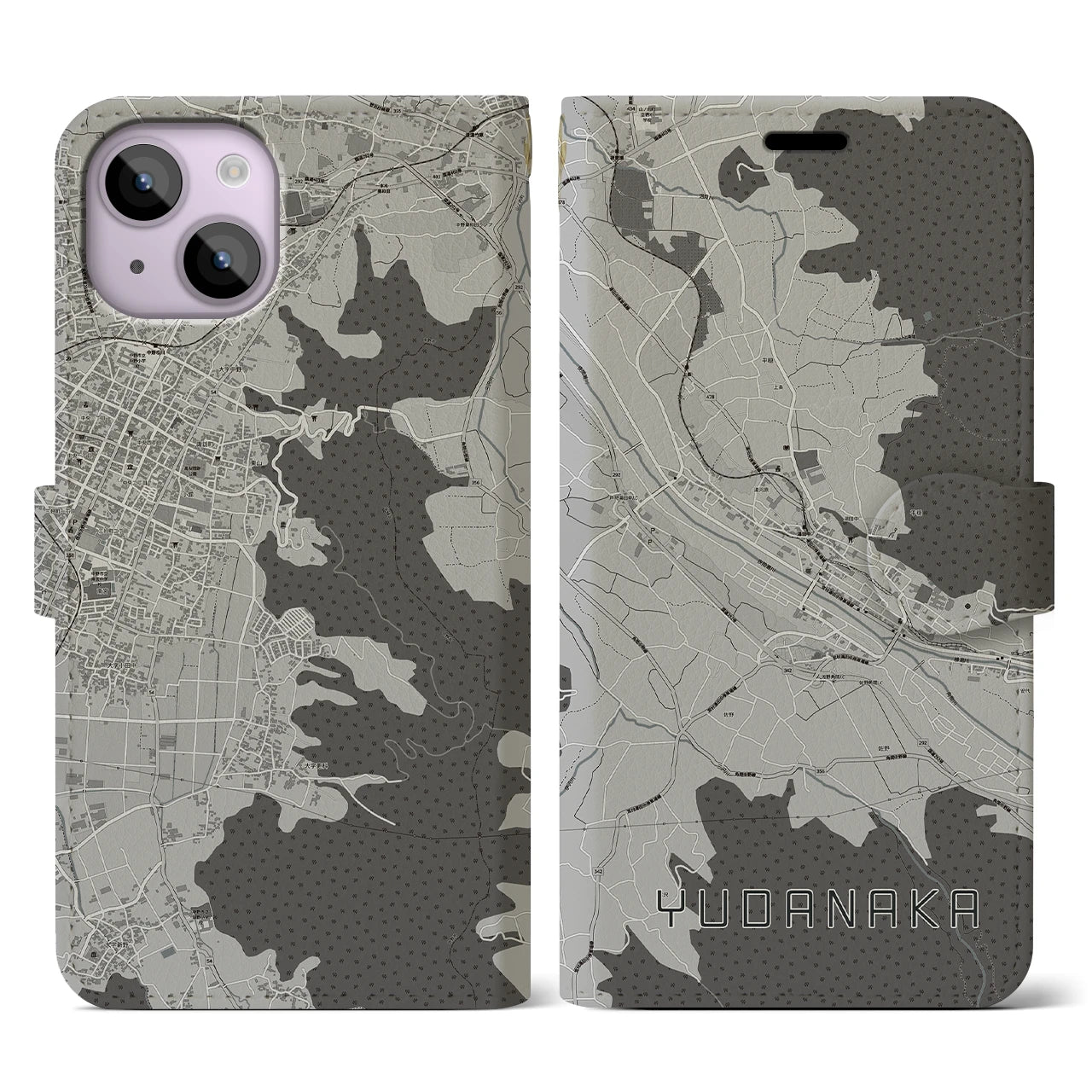 【湯田中(長野県)】地図柄iPhoneケース(手帳タイプ)モノトーン・iPhone 14 用