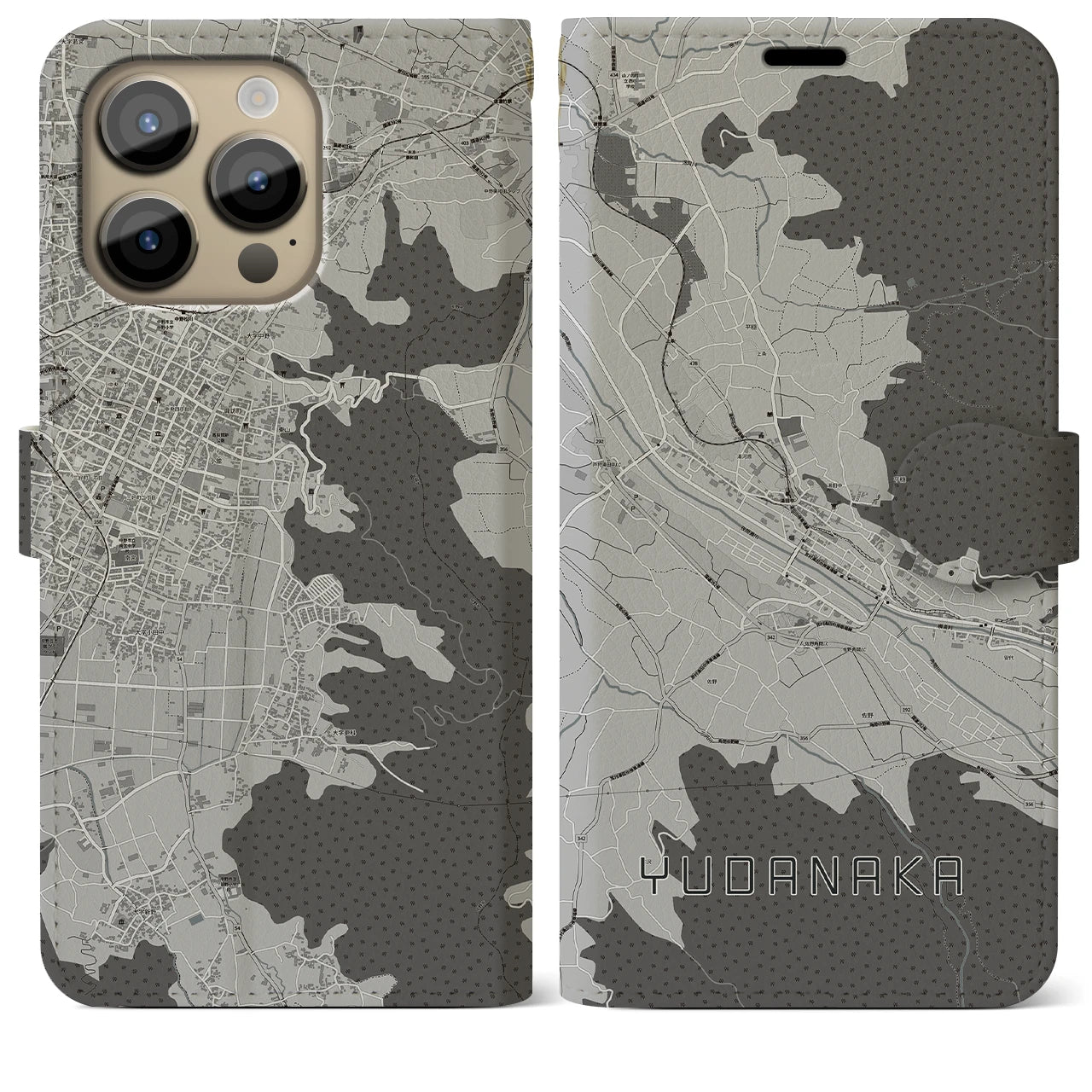 【湯田中(長野県)】地図柄iPhoneケース(手帳タイプ)モノトーン・iPhone 14 Pro Max 用