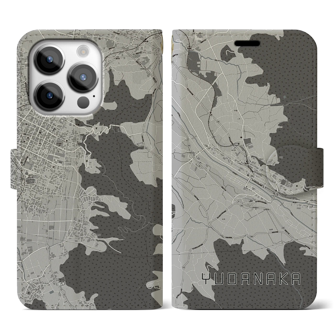 【湯田中(長野県)】地図柄iPhoneケース(手帳タイプ)モノトーン・iPhone 14 Pro 用