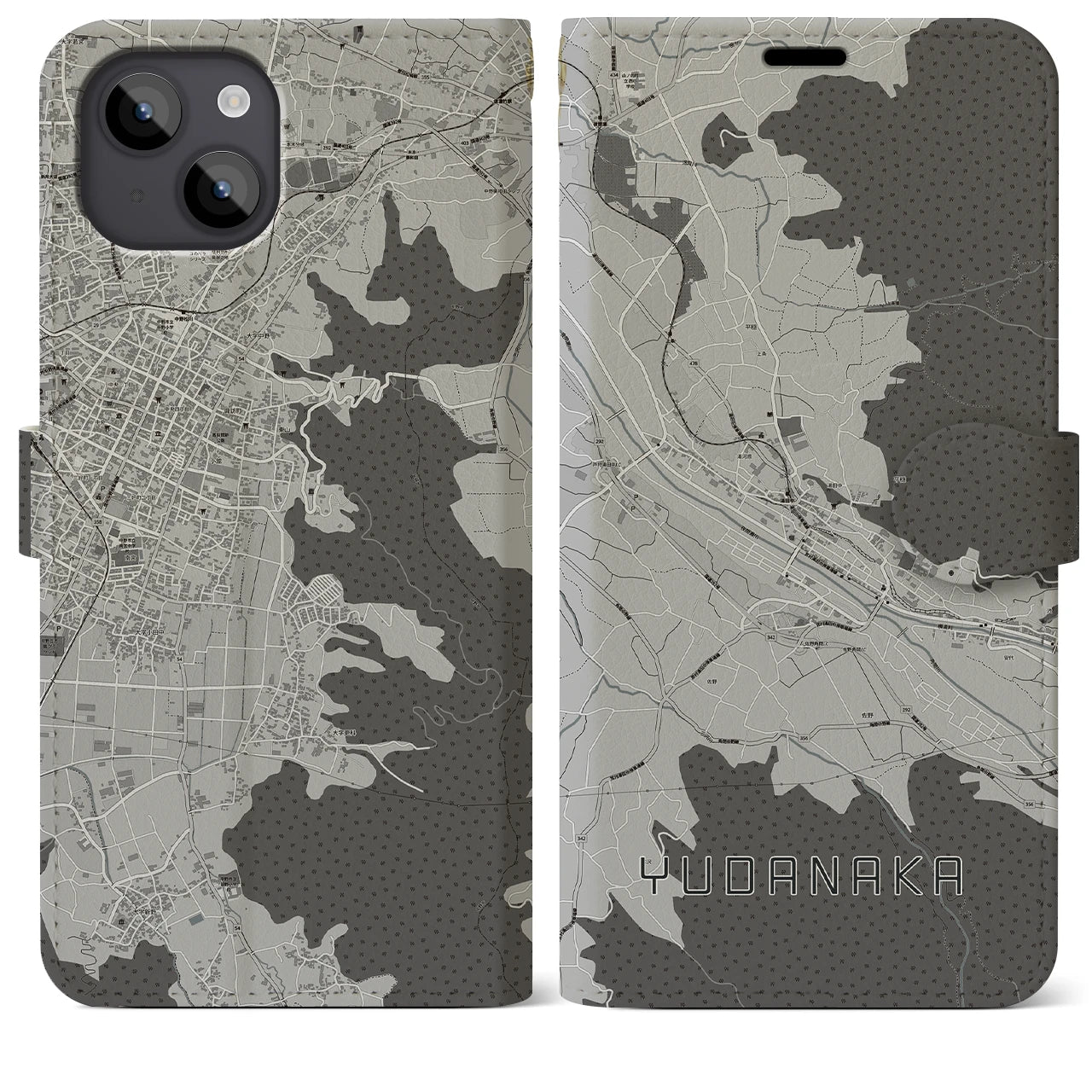 【湯田中(長野県)】地図柄iPhoneケース(手帳タイプ)モノトーン・iPhone 14 Plus 用