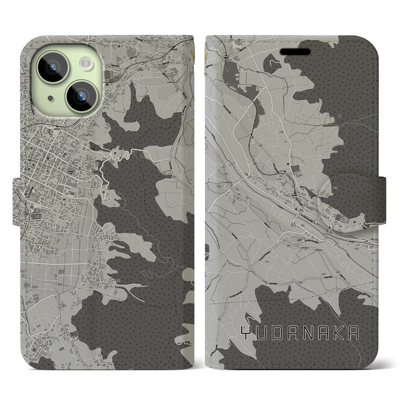 【湯田中(長野県)】地図柄iPhoneケース(手帳タイプ)モノトーン・iPhone 15 用