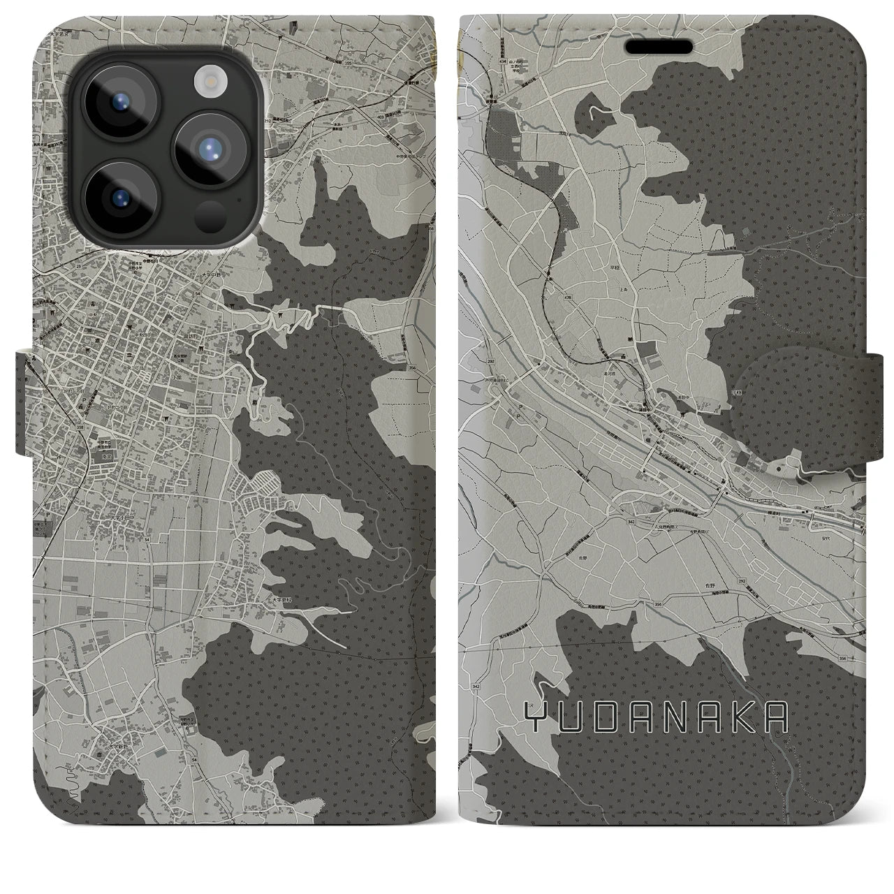 【湯田中(長野県)】地図柄iPhoneケース(手帳タイプ)モノトーン・iPhone 15 Pro Max 用