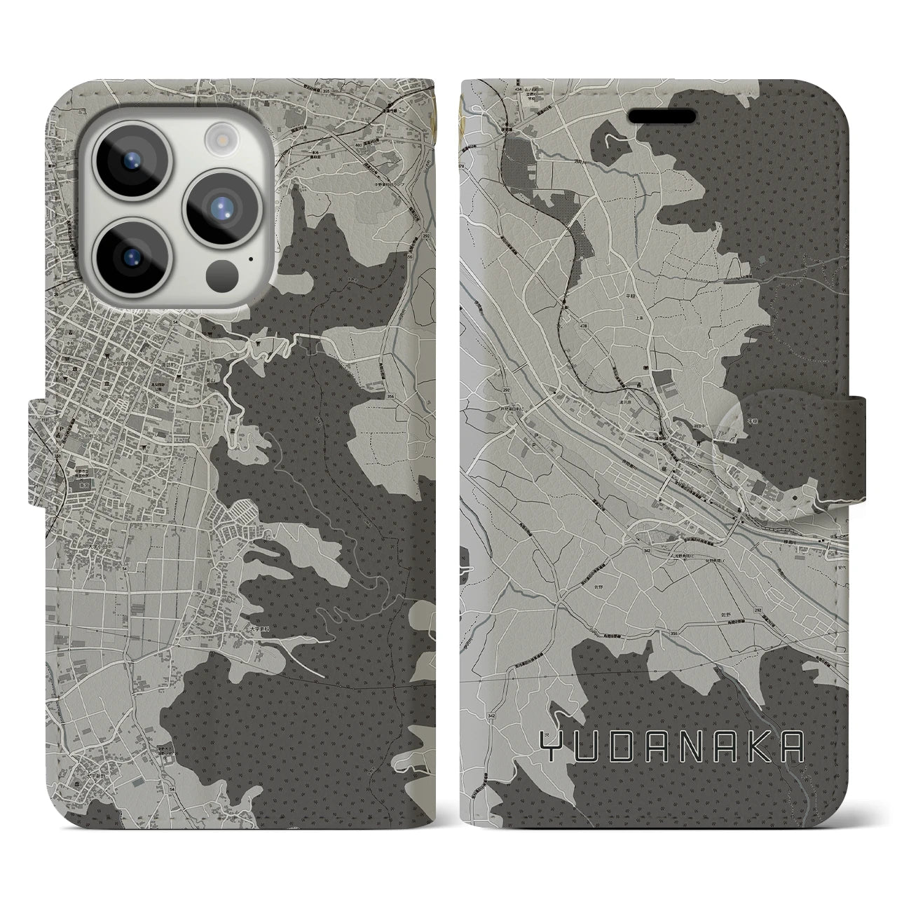 【湯田中(長野県)】地図柄iPhoneケース(手帳タイプ)モノトーン・iPhone 15 Pro 用