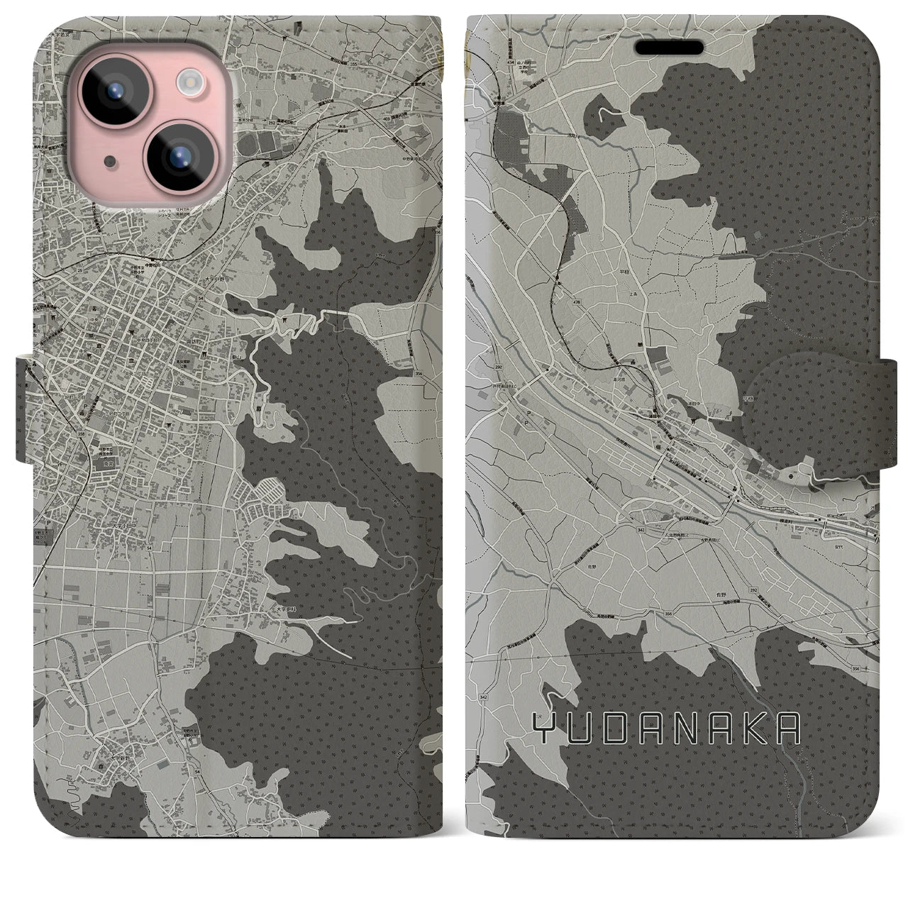 【湯田中(長野県)】地図柄iPhoneケース(手帳タイプ)モノトーン・iPhone 15 Plus 用