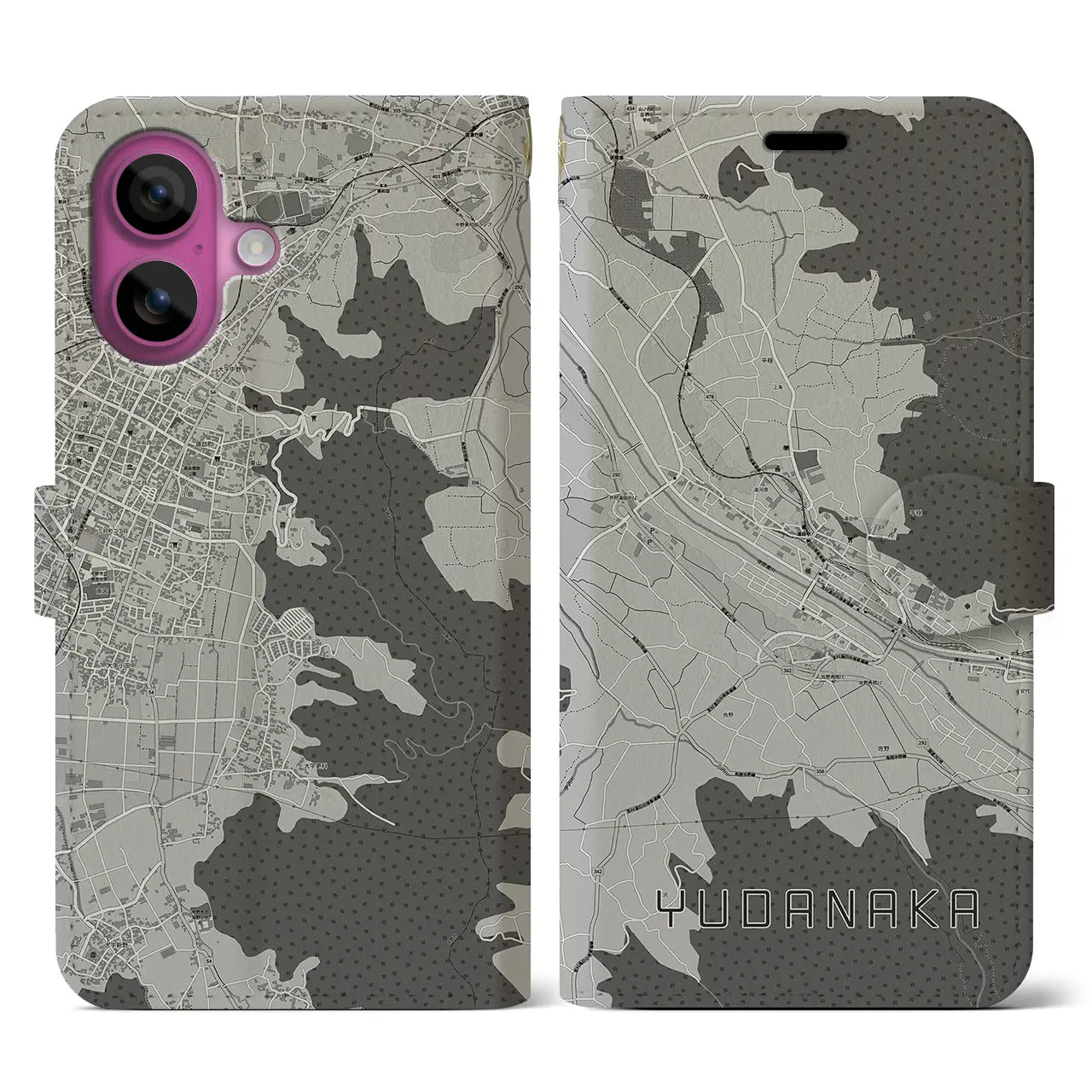 【湯田中(長野県)】地図柄iPhoneケース(手帳タイプ)モノトーン・iPhone 16 Pro 用