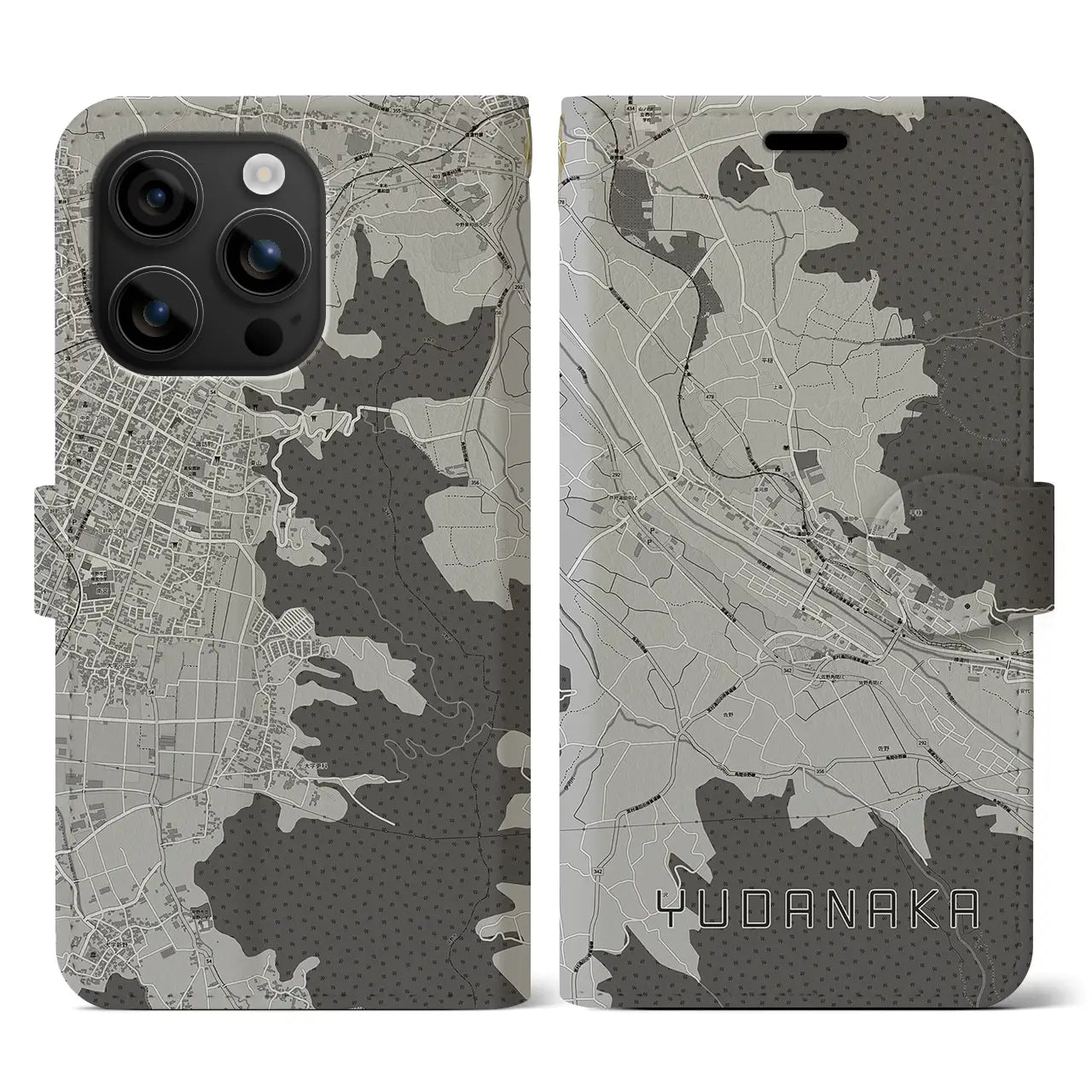 【湯田中(長野県)】地図柄iPhoneケース(手帳タイプ)モノトーン・iPhone 16 用