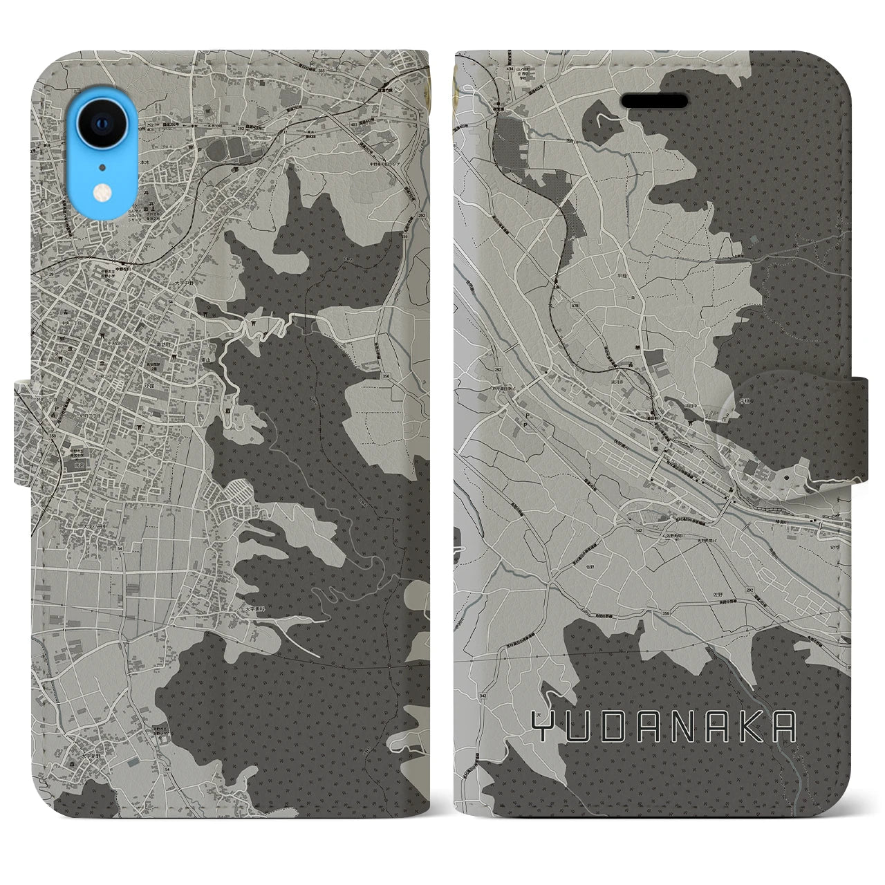 【湯田中(長野県)】地図柄iPhoneケース(手帳タイプ)モノトーン・iPhone XR 用