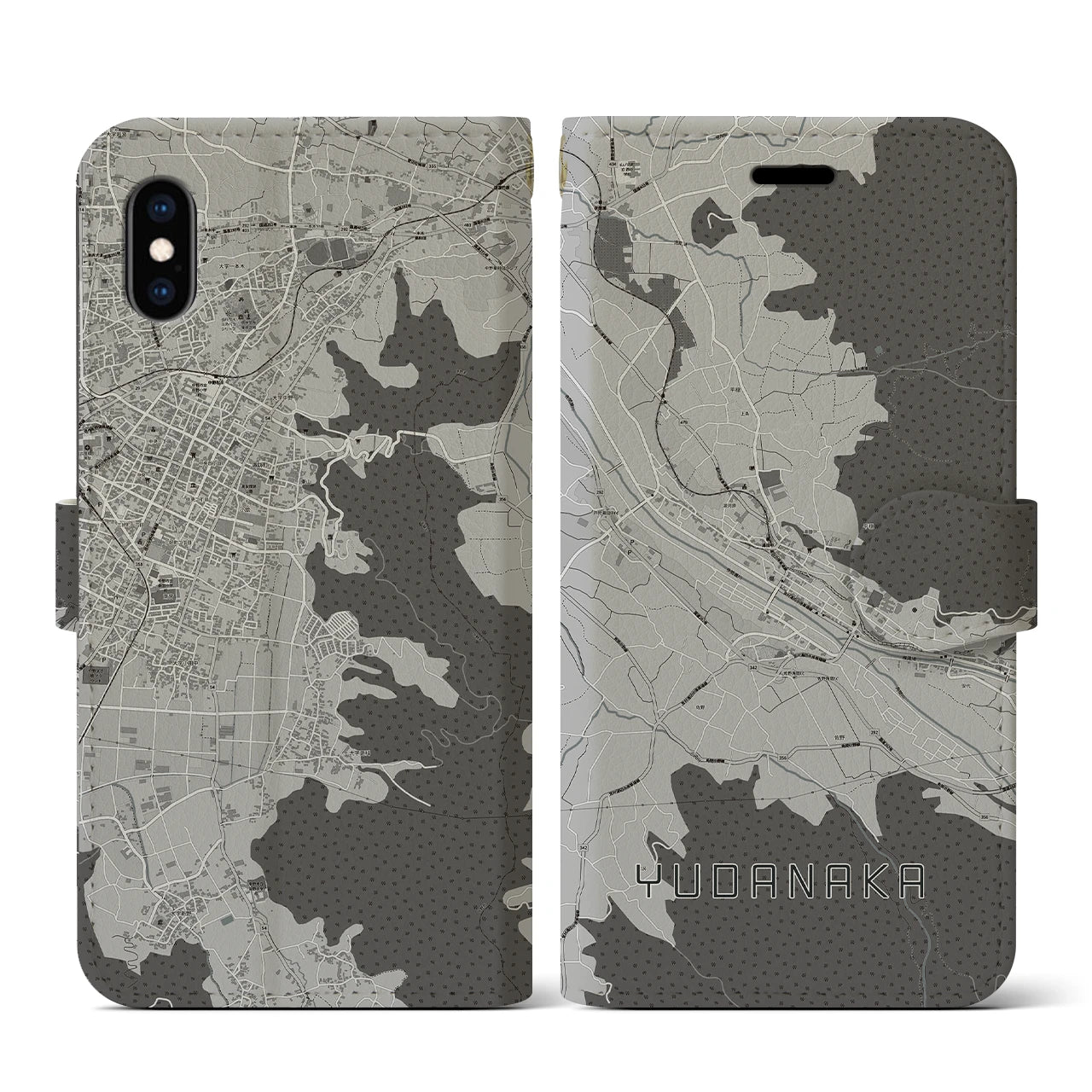 【湯田中(長野県)】地図柄iPhoneケース(手帳タイプ)モノトーン・iPhone XS / X 用