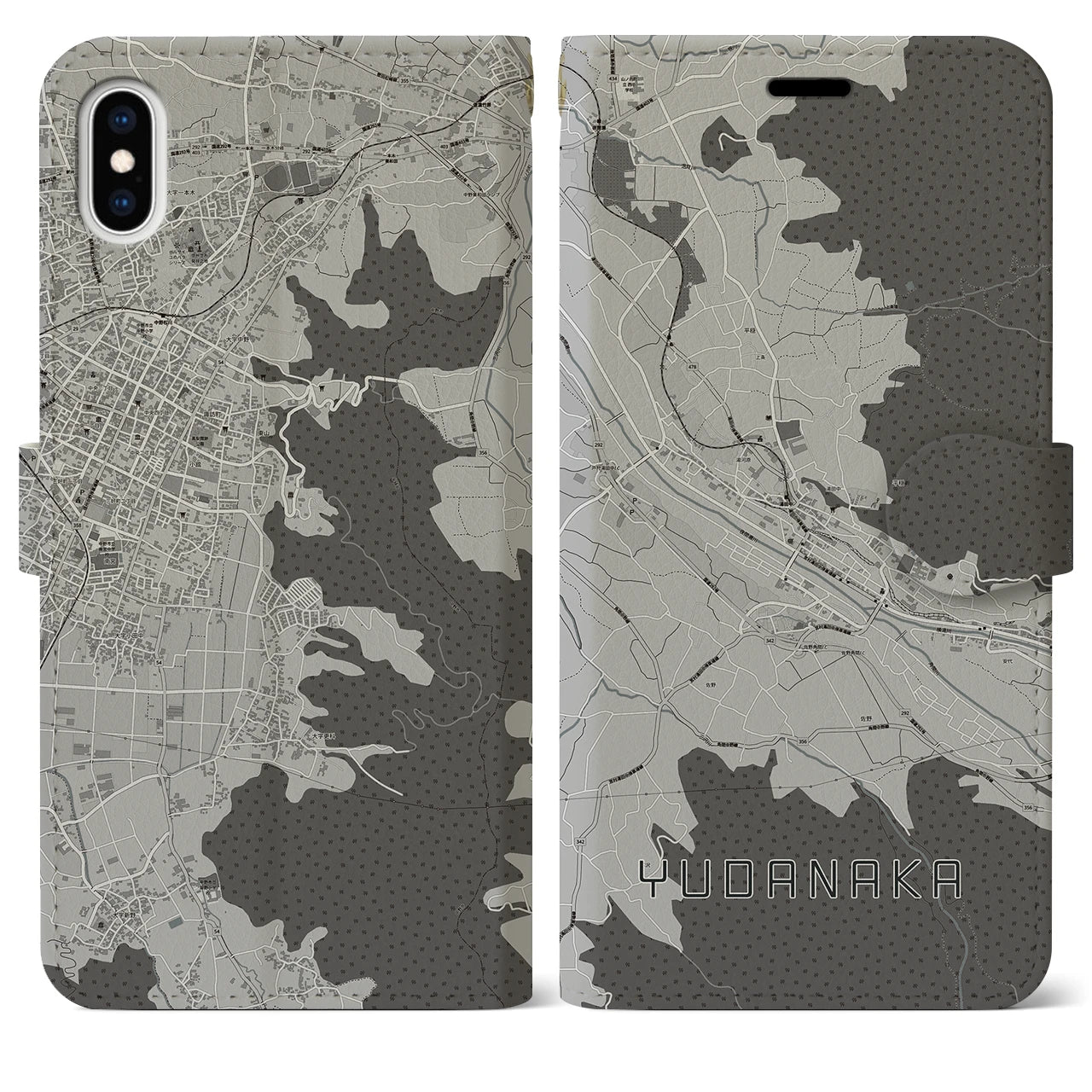 【湯田中(長野県)】地図柄iPhoneケース(手帳タイプ)モノトーン・iPhone XS Max 用