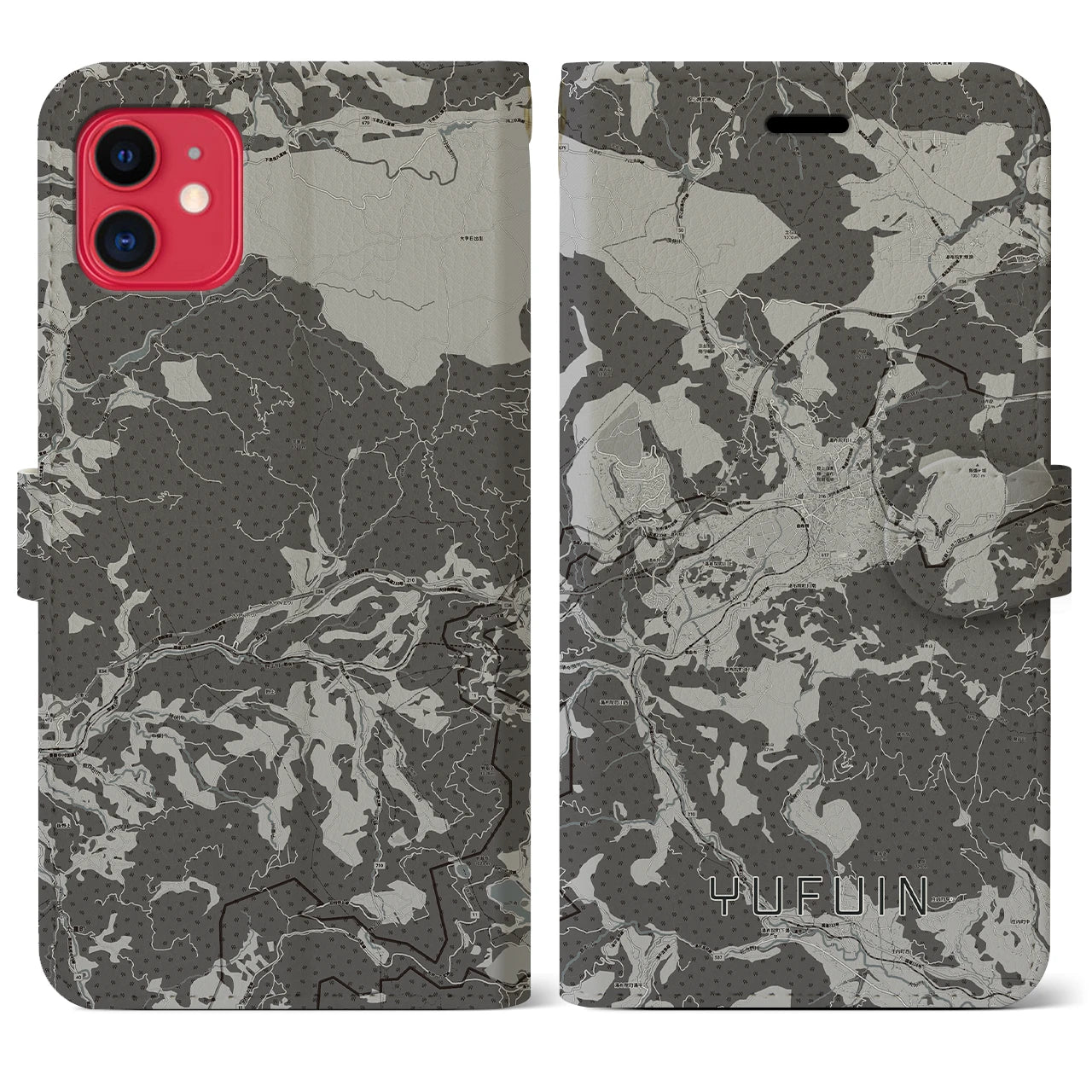 【湯布院(大分県)】地図柄iPhoneケース(手帳タイプ)モノトーン・iPhone 11 用