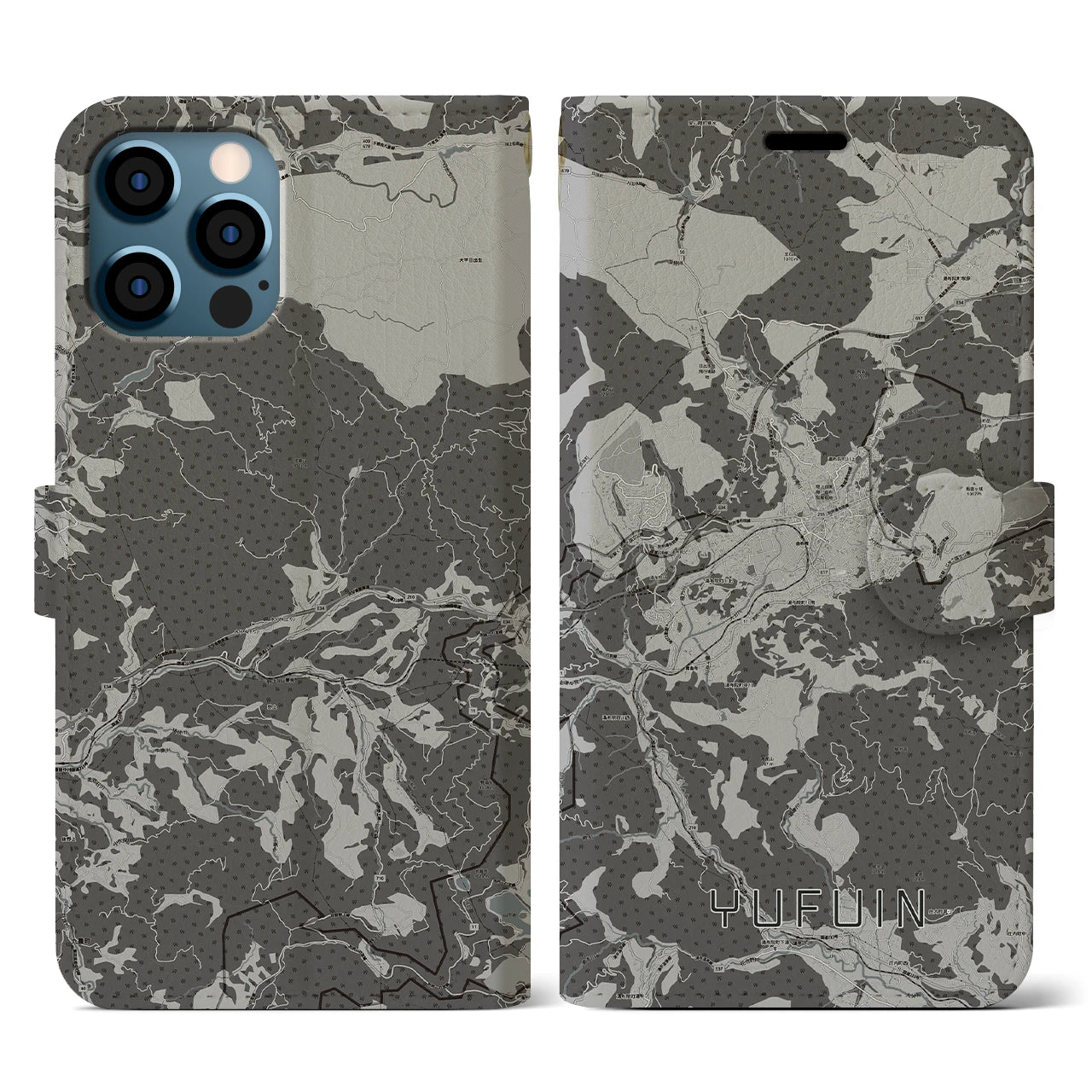 【湯布院(大分県)】地図柄iPhoneケース(手帳タイプ)モノトーン・iPhone 12 / 12 Pro 用