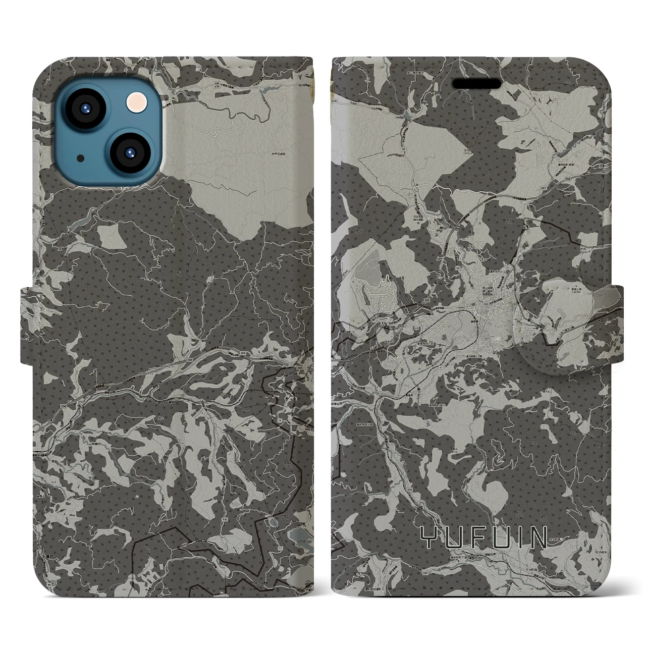 【湯布院(大分県)】地図柄iPhoneケース(手帳タイプ)モノトーン・iPhone 13 用