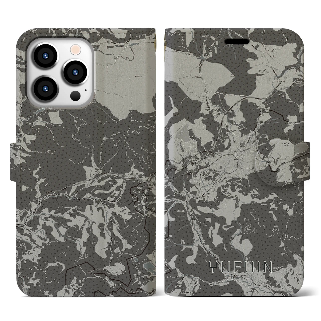 【湯布院(大分県)】地図柄iPhoneケース(手帳タイプ)モノトーン・iPhone 13 Pro 用