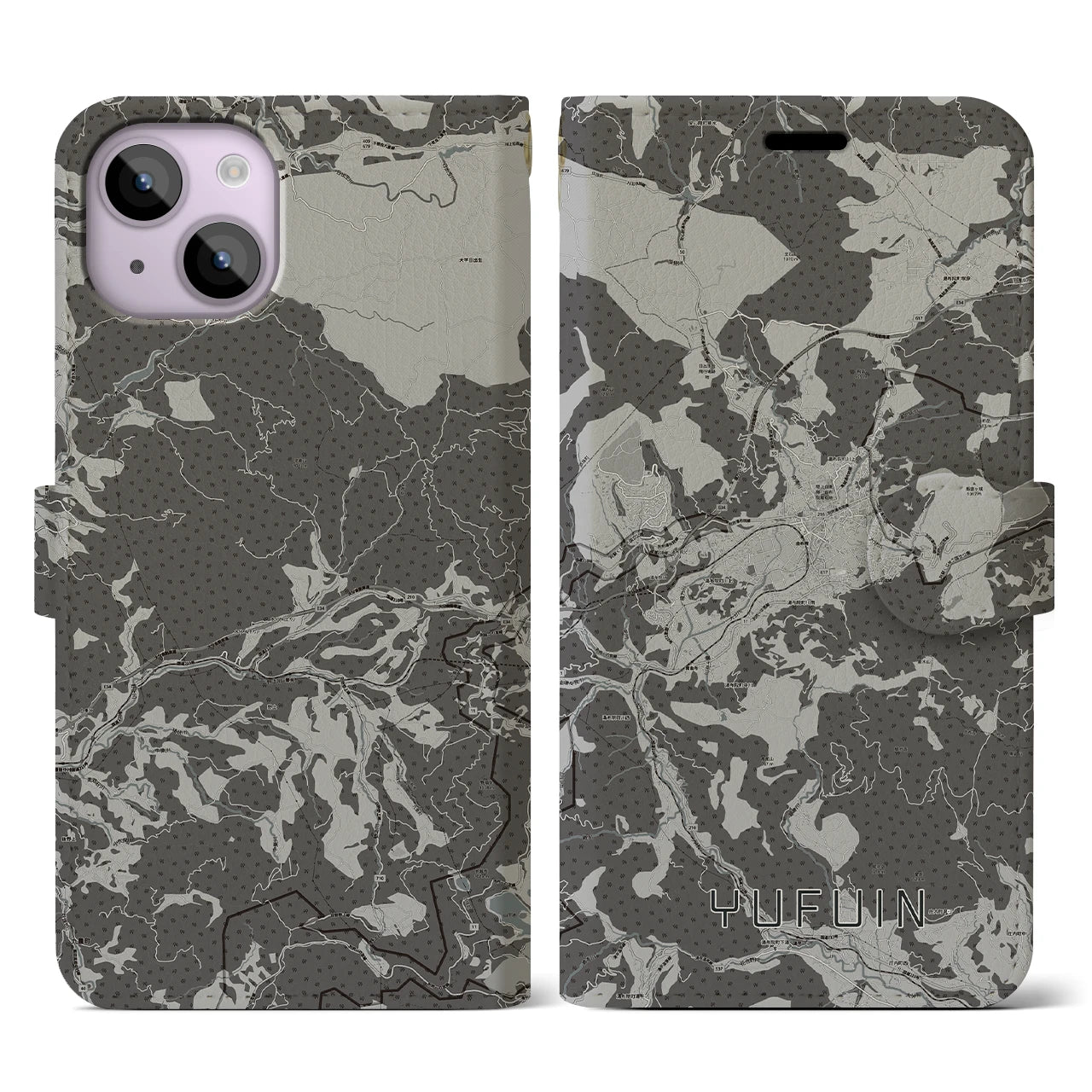 【湯布院(大分県)】地図柄iPhoneケース(手帳タイプ)モノトーン・iPhone 14 用