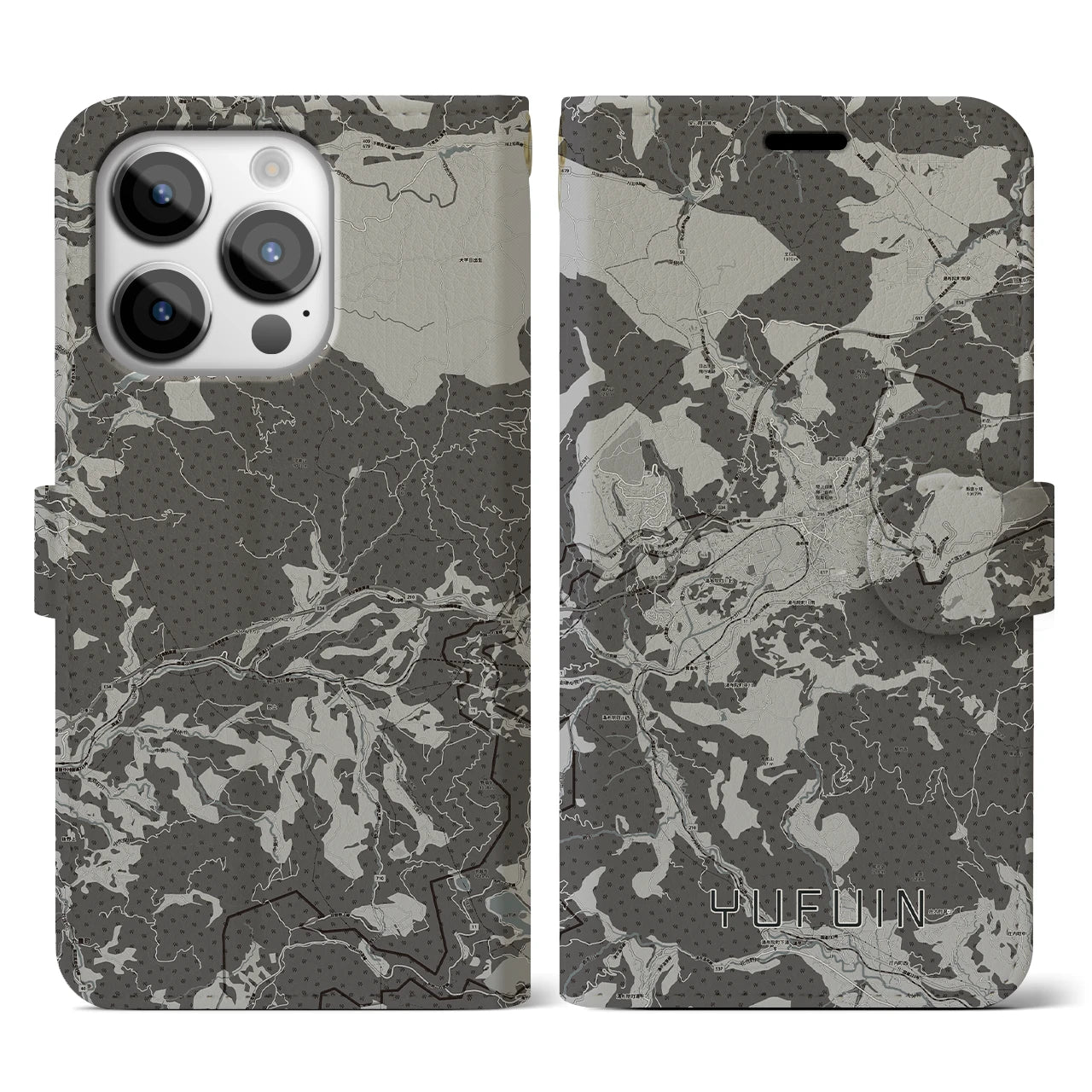 【湯布院(大分県)】地図柄iPhoneケース(手帳タイプ)モノトーン・iPhone 14 Pro 用