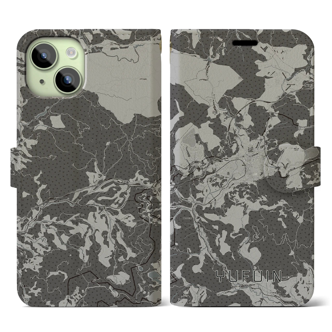 【湯布院(大分県)】地図柄iPhoneケース(手帳タイプ)モノトーン・iPhone 15 用