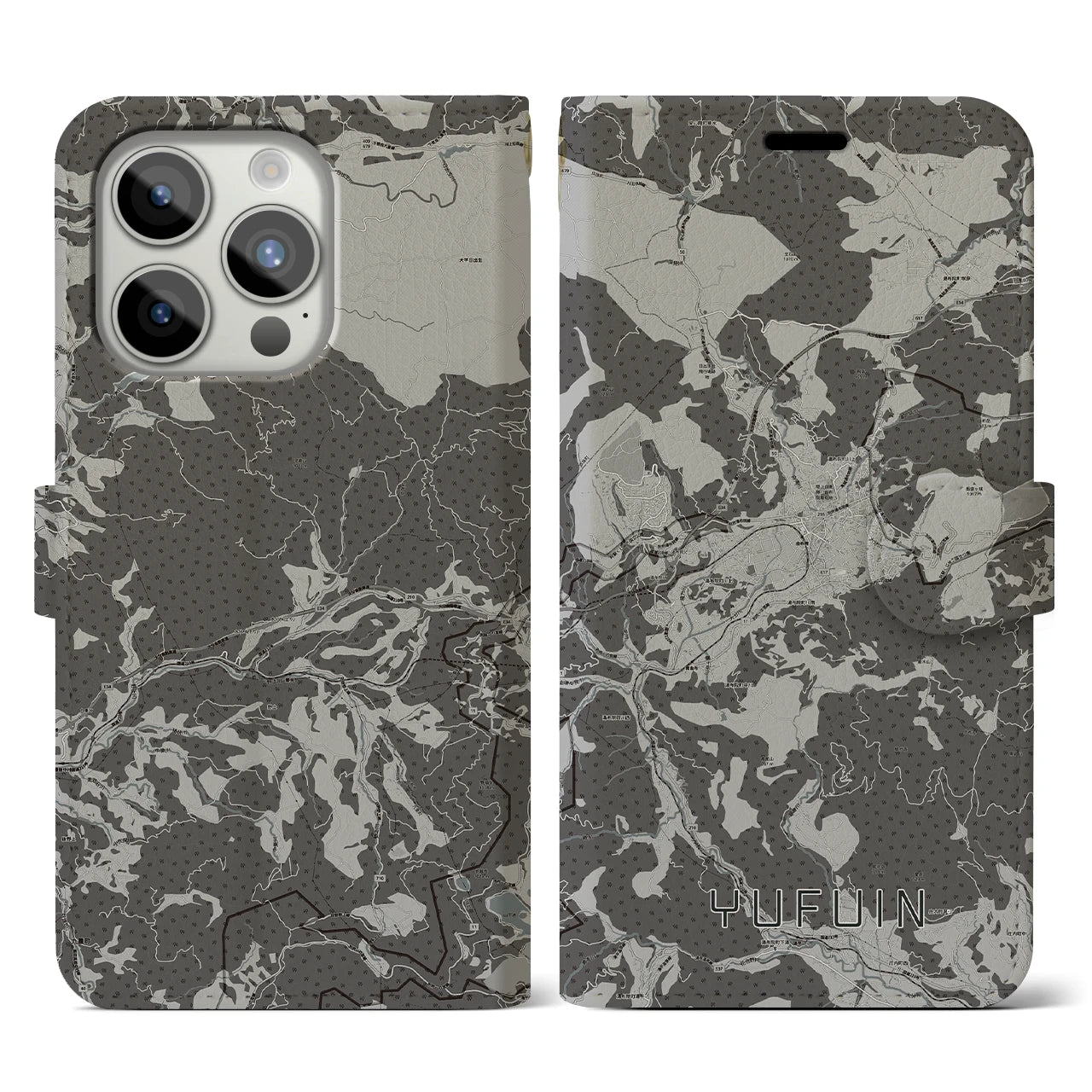 【湯布院(大分県)】地図柄iPhoneケース(手帳タイプ)モノトーン・iPhone 15 Pro 用