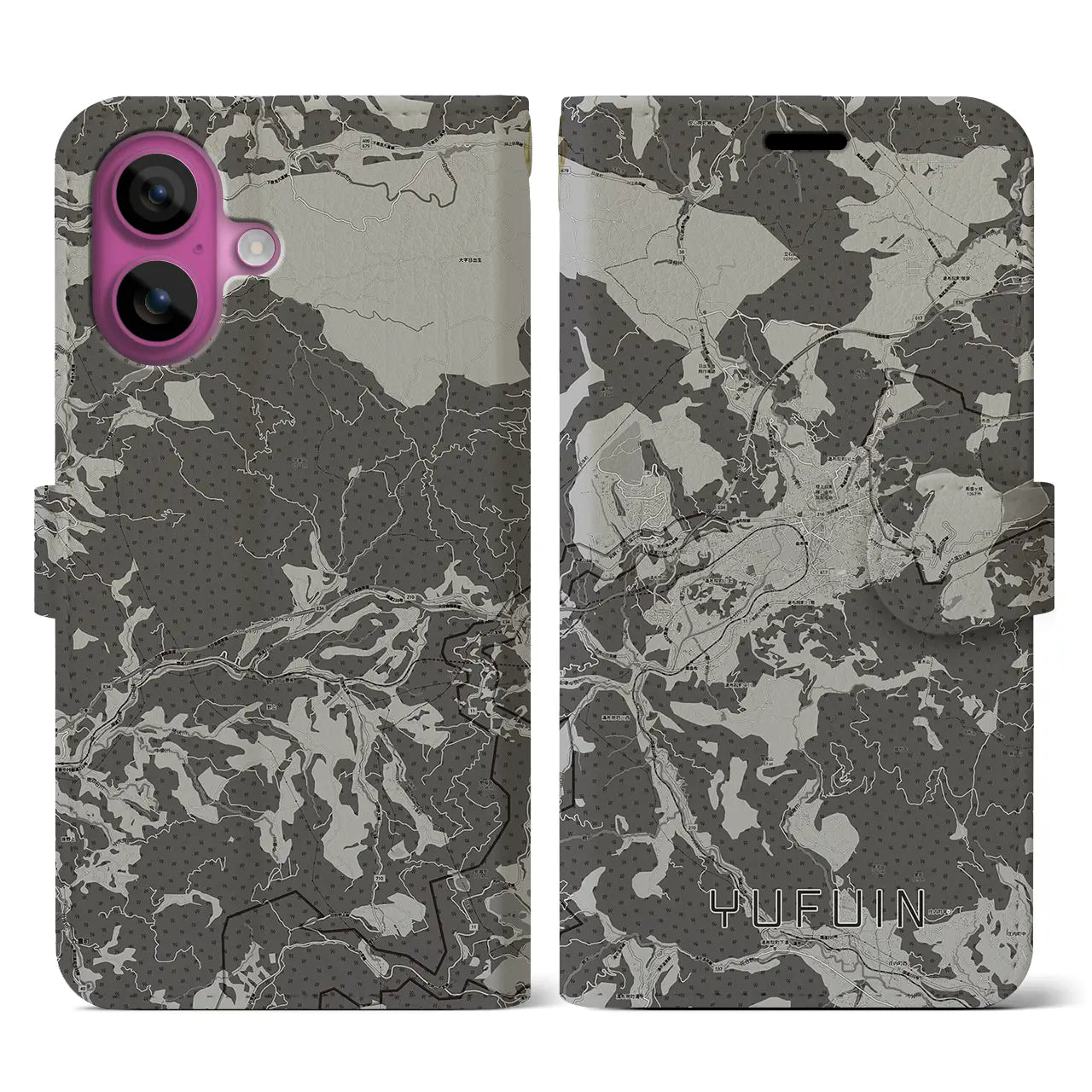 【湯布院(大分県)】地図柄iPhoneケース(手帳タイプ)モノトーン・iPhone 16 Pro 用