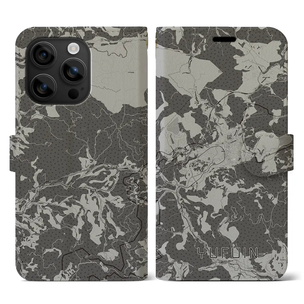 【湯布院(大分県)】地図柄iPhoneケース(手帳タイプ)モノトーン・iPhone 16 用