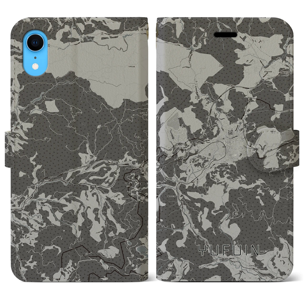 【湯布院(大分県)】地図柄iPhoneケース(手帳タイプ)モノトーン・iPhone XR 用