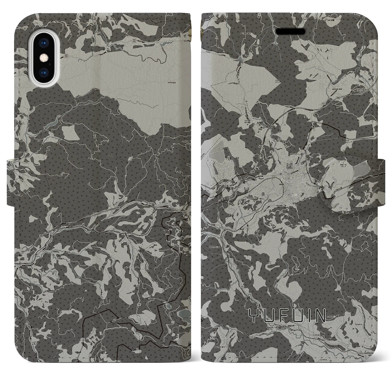 【湯布院(大分県)】地図柄iPhoneケース(手帳タイプ)モノトーン・iPhone XS Max 用