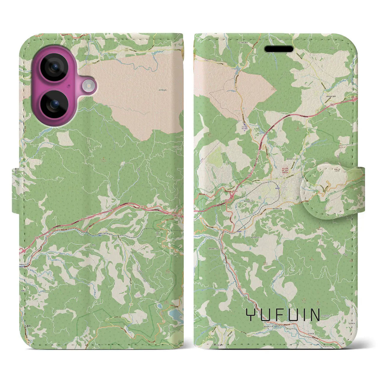 【湯布院(大分県)】地図柄iPhoneケース(手帳タイプ)ナチュラル・iPhone 16 Pro 用