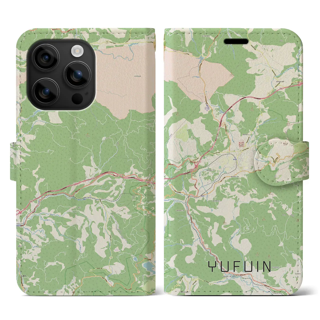 【湯布院(大分県)】地図柄iPhoneケース(手帳タイプ)ナチュラル・iPhone 16 用