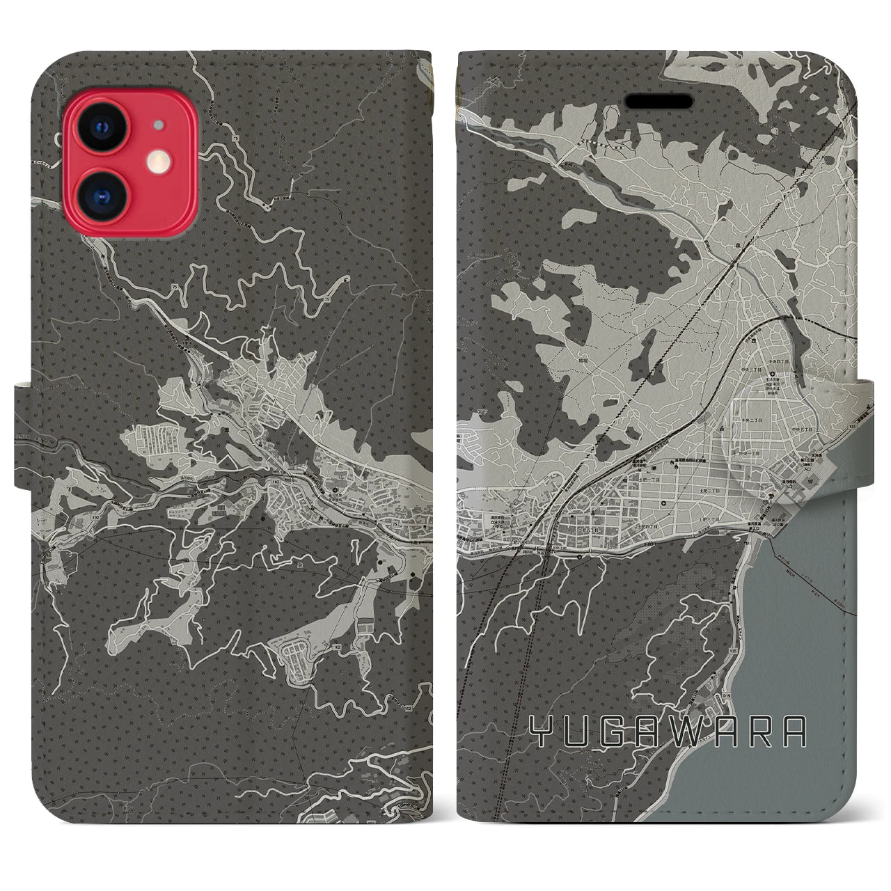 【湯河原(神奈川県)】地図柄iPhoneケース(手帳タイプ)モノトーン・iPhone 11 用