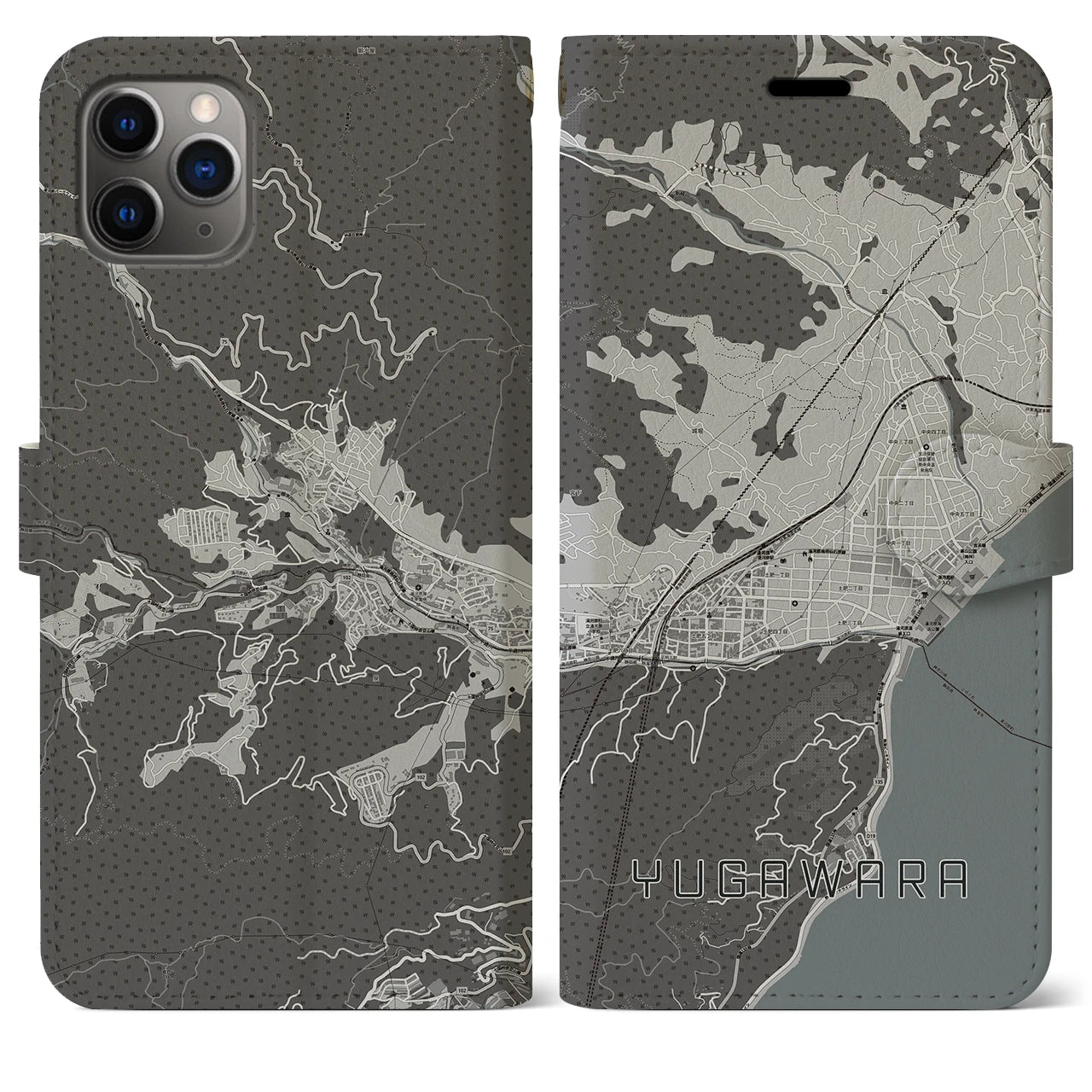 【湯河原(神奈川県)】地図柄iPhoneケース(手帳タイプ)モノトーン・iPhone 11 Pro Max 用
