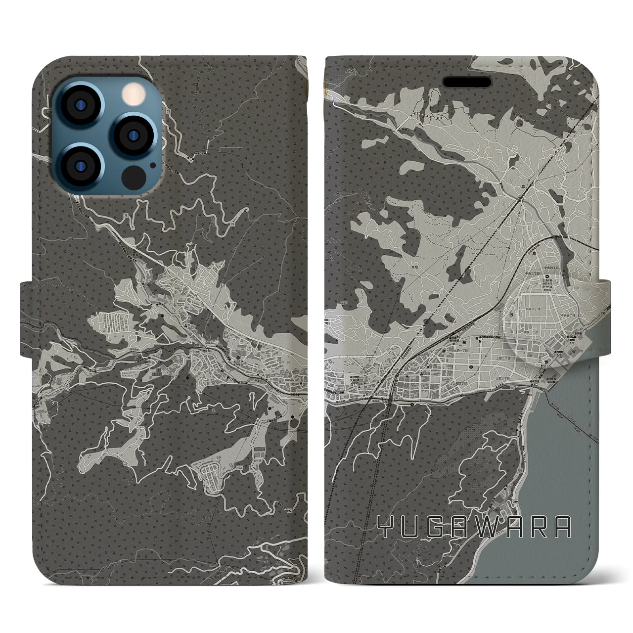 【湯河原(神奈川県)】地図柄iPhoneケース(手帳タイプ)モノトーン・iPhone 12 / 12 Pro 用
