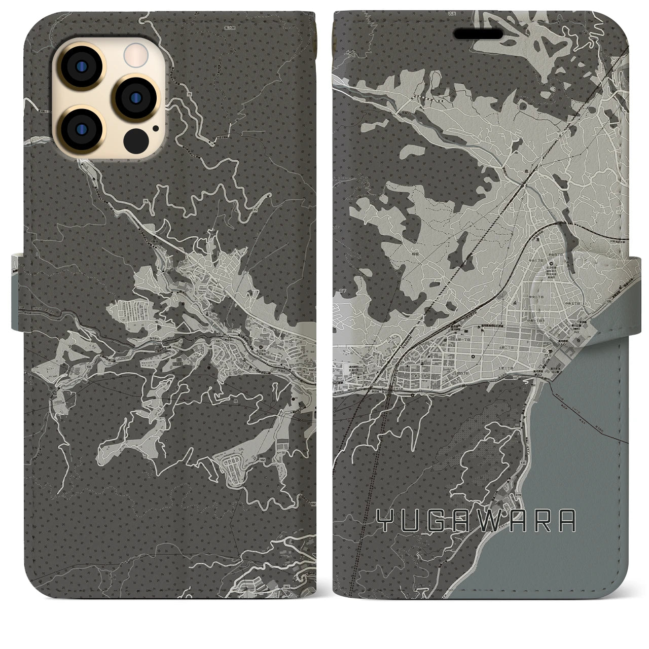【湯河原(神奈川県)】地図柄iPhoneケース(手帳タイプ)モノトーン・iPhone 12 Pro Max 用
