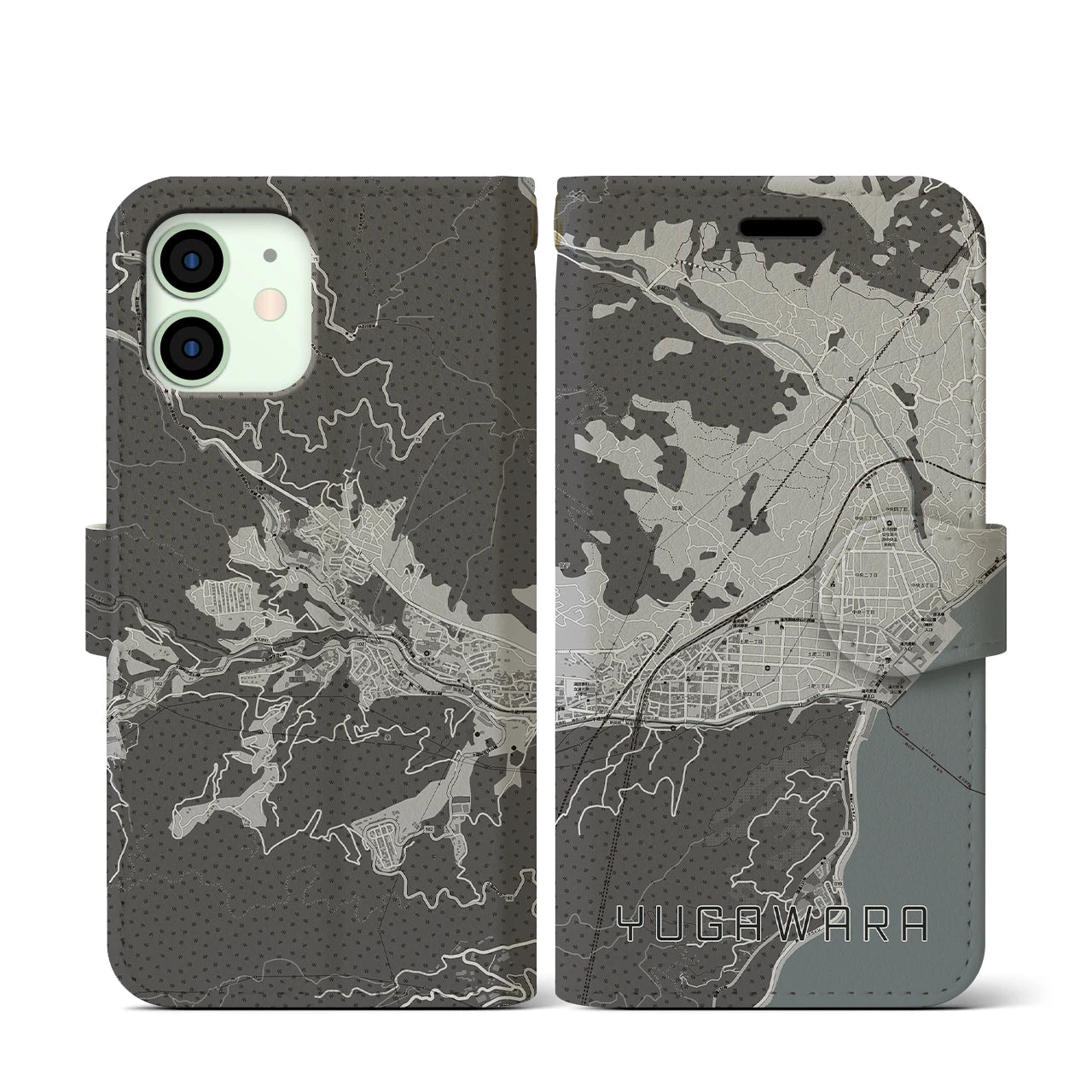 【湯河原(神奈川県)】地図柄iPhoneケース(手帳タイプ)モノトーン・iPhone 12 mini 用