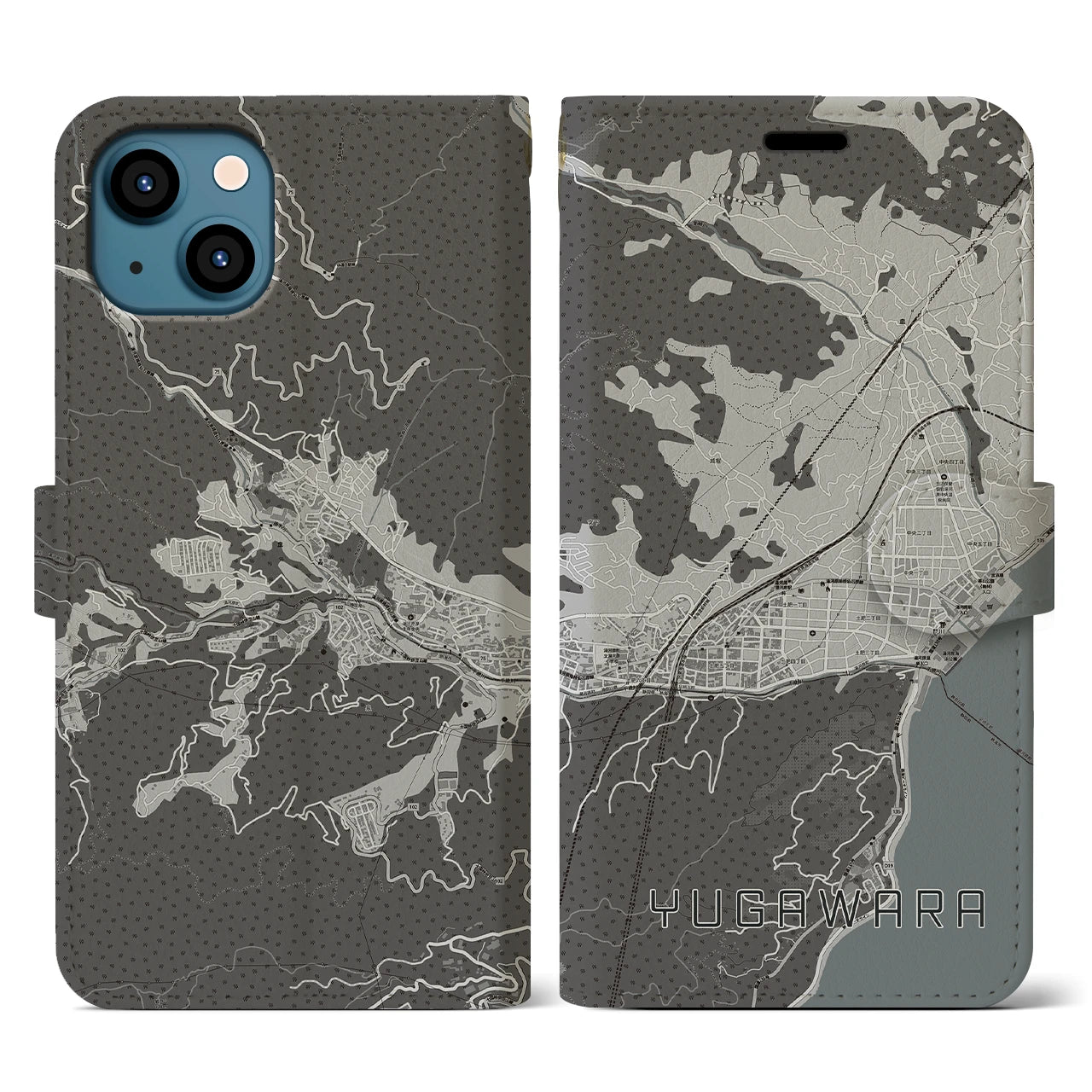 【湯河原(神奈川県)】地図柄iPhoneケース(手帳タイプ)モノトーン・iPhone 13 用