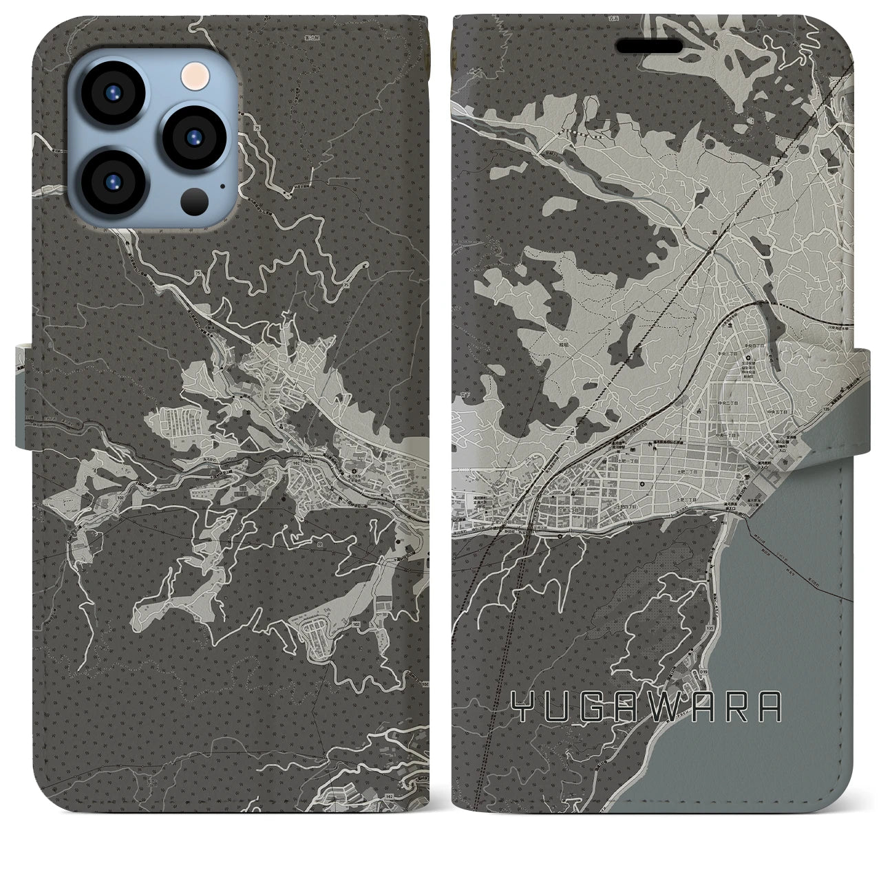 【湯河原(神奈川県)】地図柄iPhoneケース(手帳タイプ)モノトーン・iPhone 13 Pro Max 用